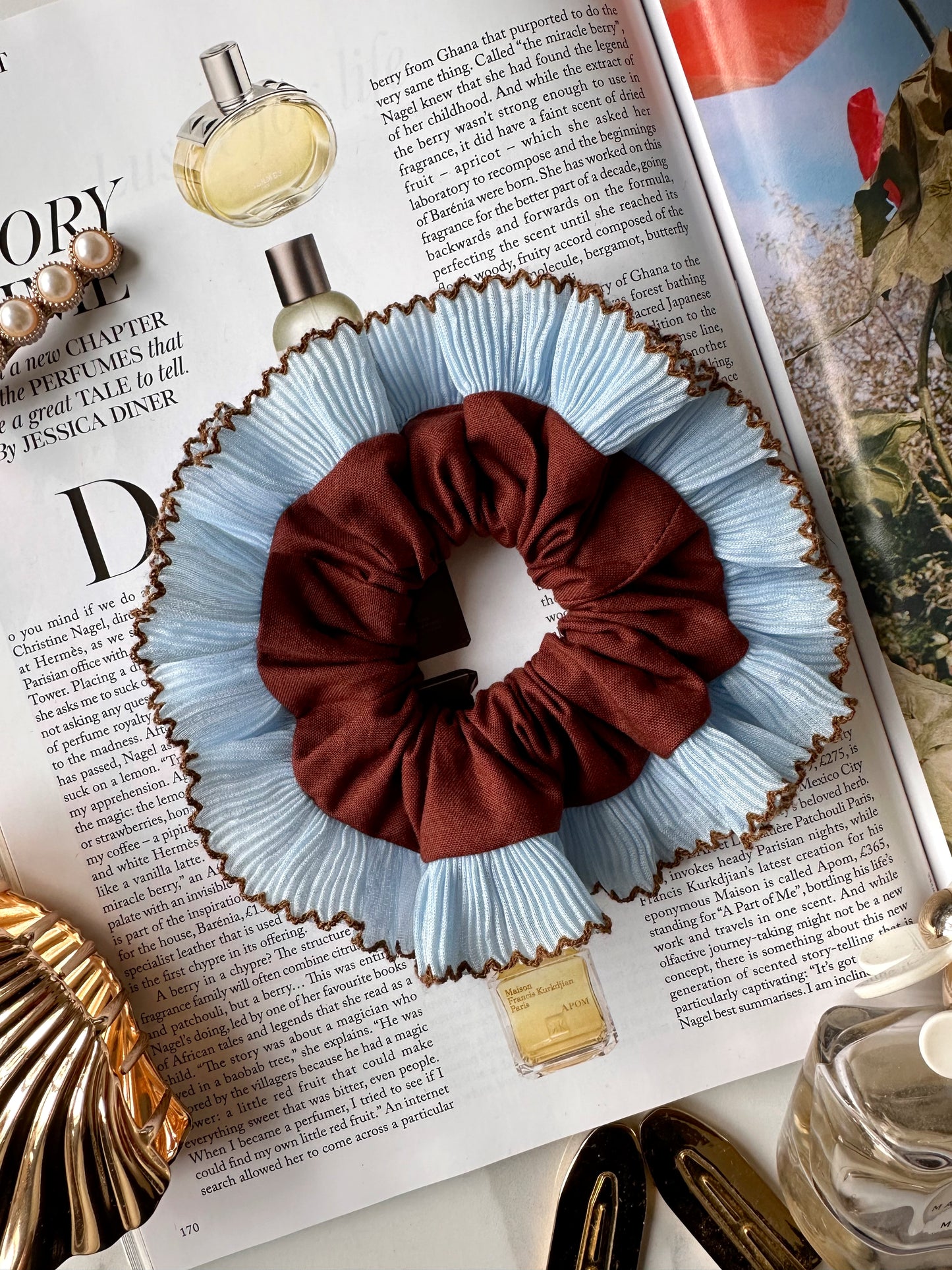 Mini Oversized Brown Scrunchie with Baby Blue Frill Trim