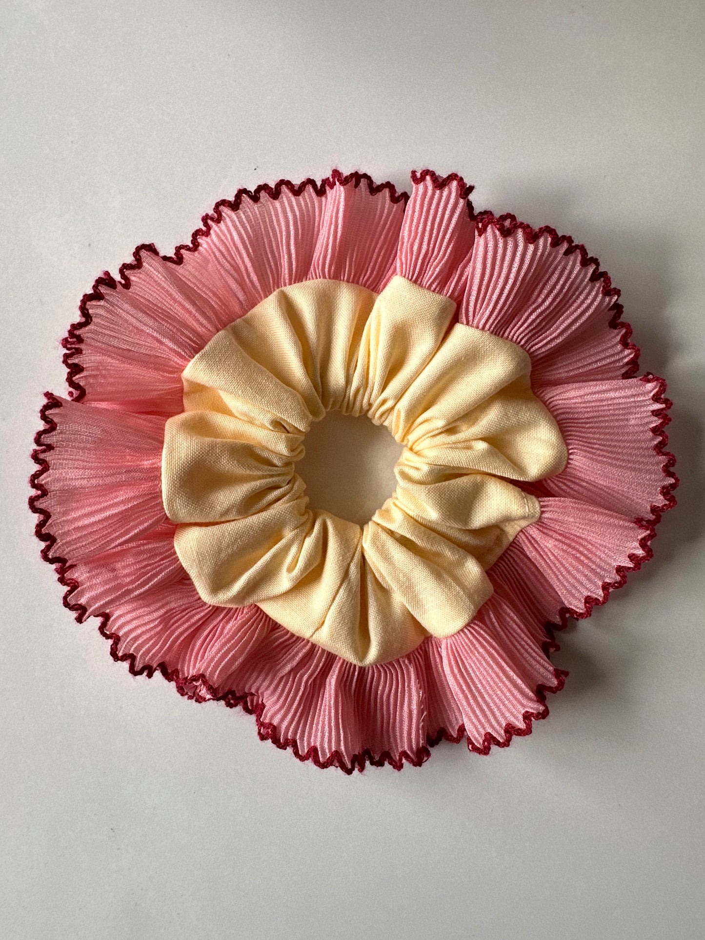 Mini Oversized Butter Yellow Scrunchie with Pink Frill Trim