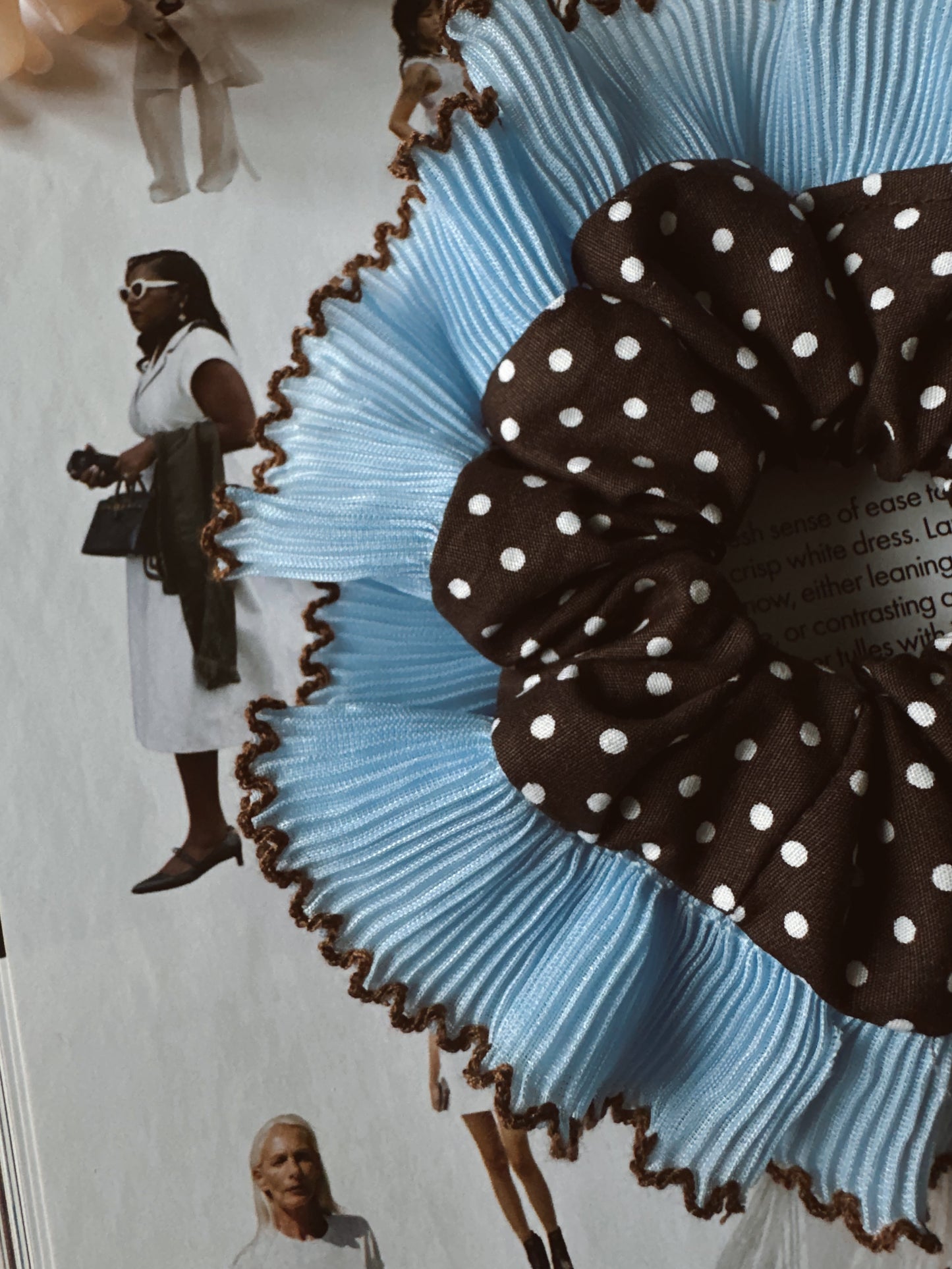 Oversized Dark Brown Polkadot Scrunchie with Baby Blue Frill Trim