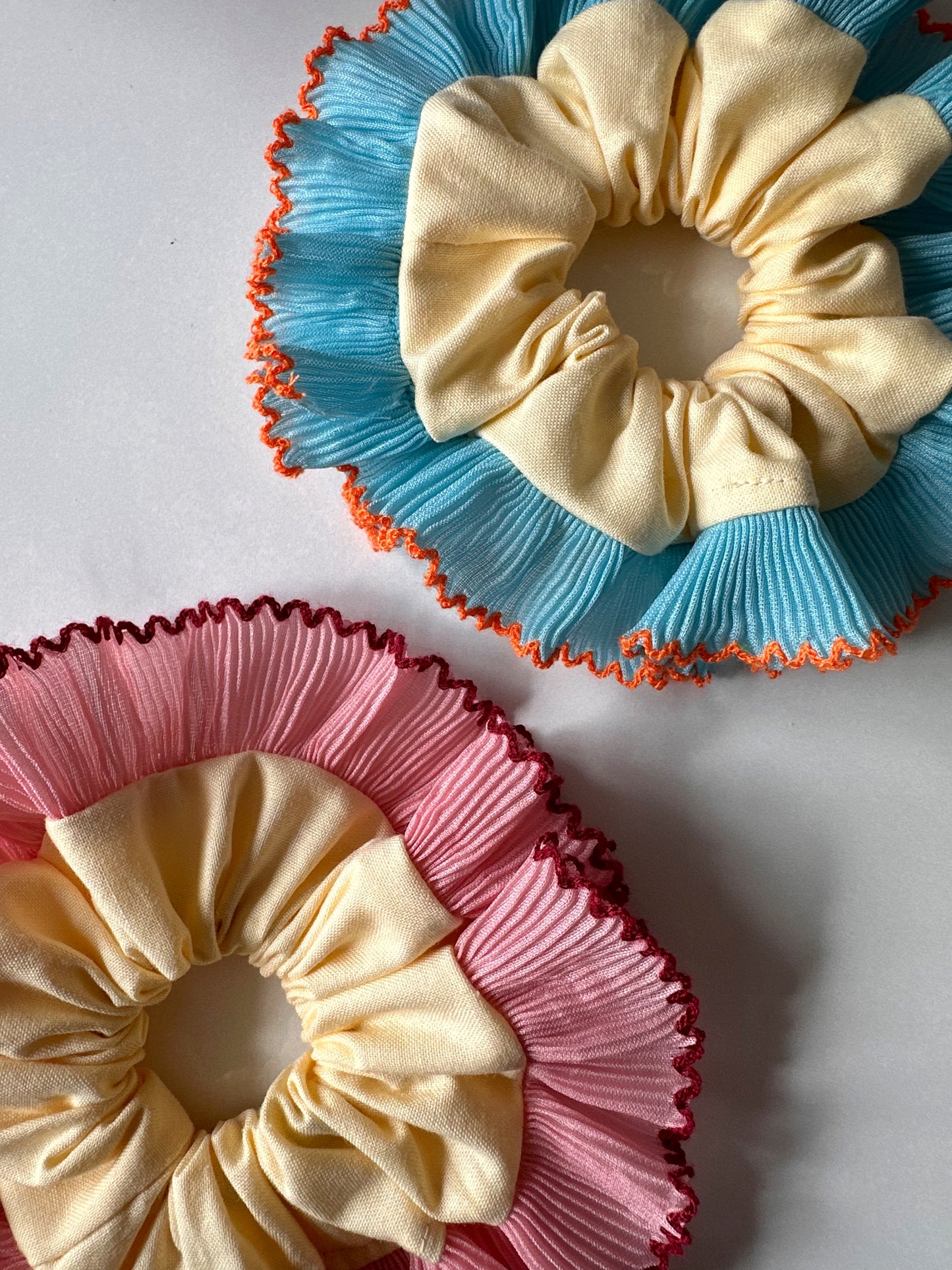 Mini Oversized Butter Yellow Scrunchie with Pink Frill Trim