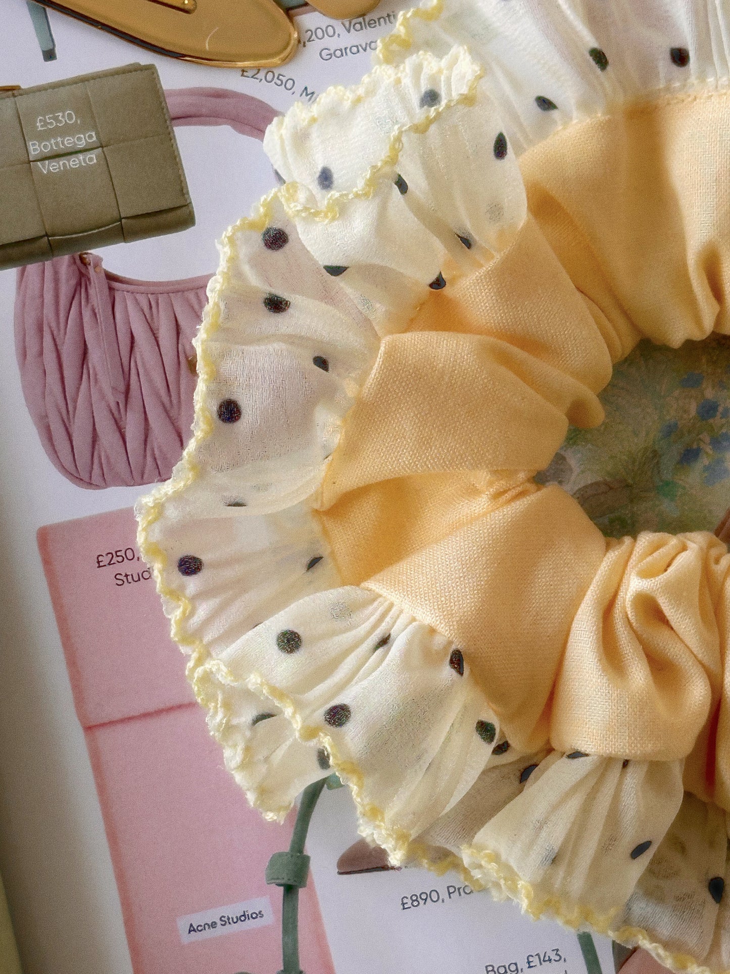 Oversized Butter Yellow Scrunchie with Polkadot Trim