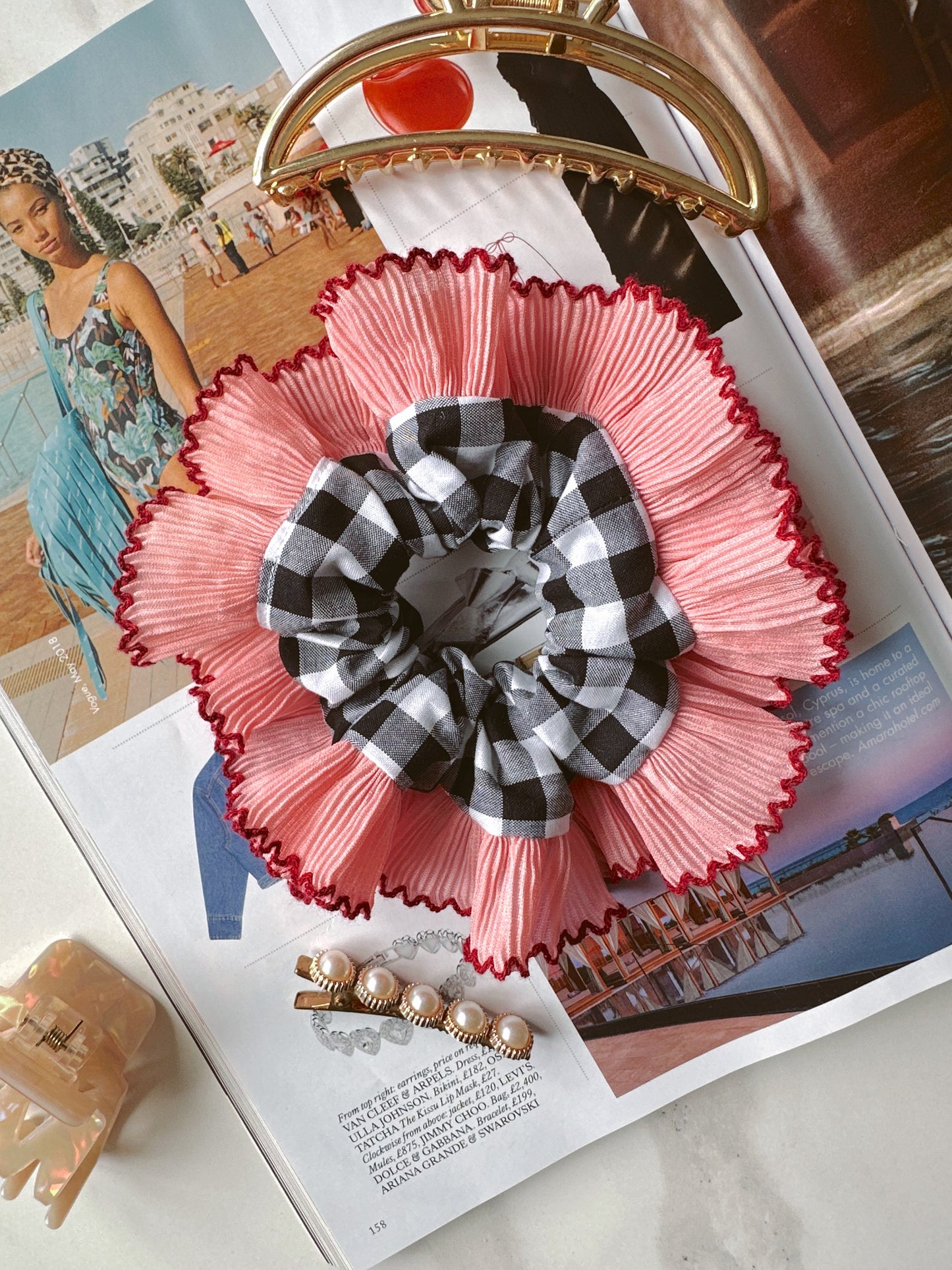 Mini Oversized Black Gingham Scrunchie with Pink Frill Trim