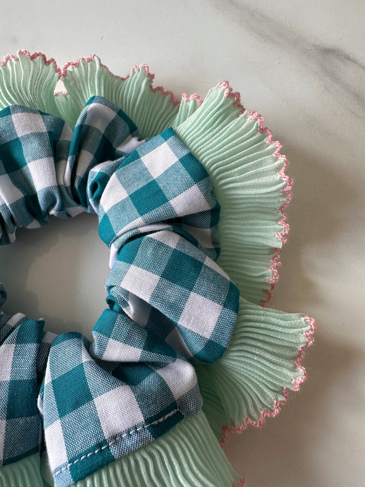 Teal Blue Gingham with Green and Pink Frill Trim