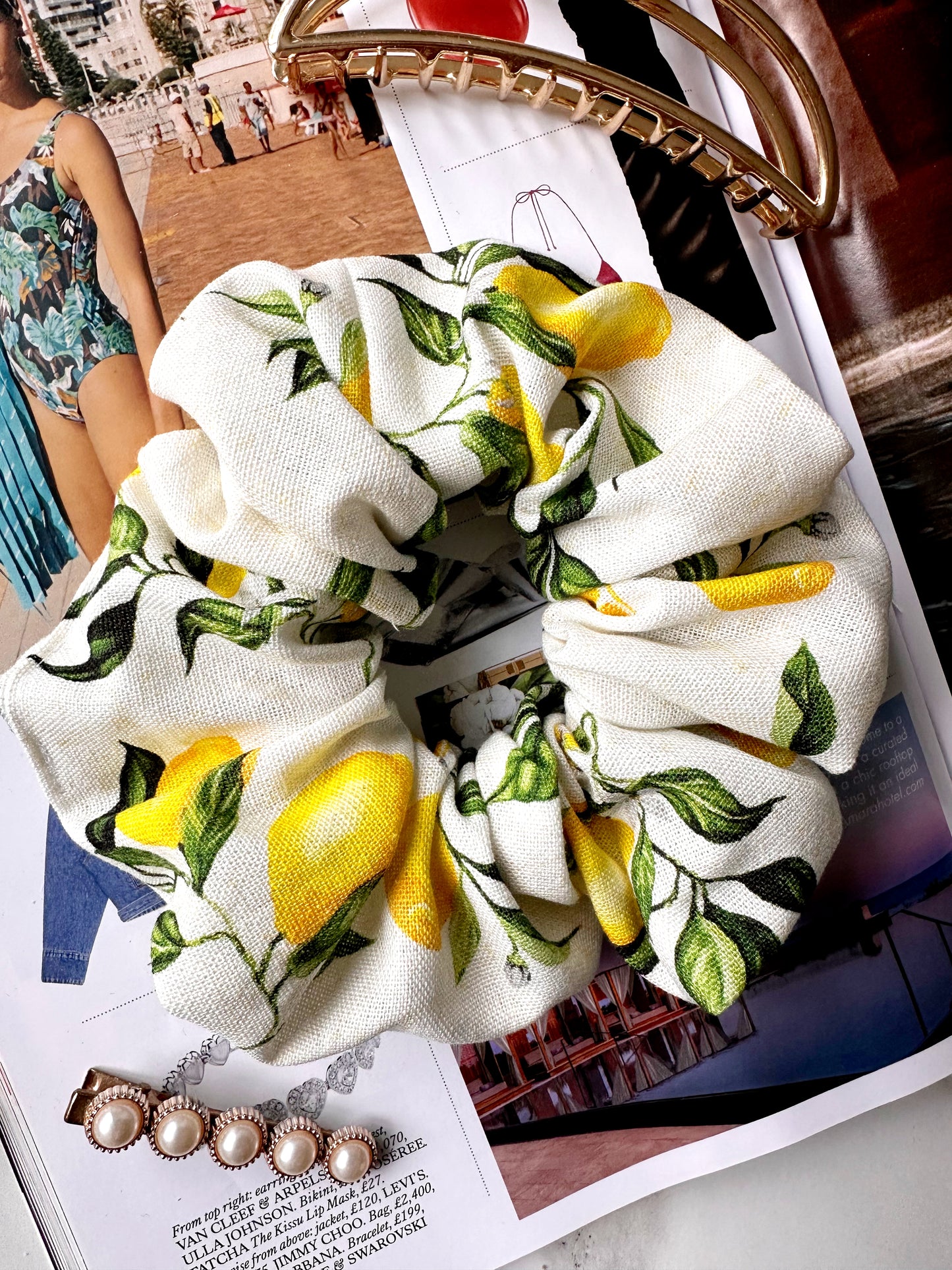XL Lemon Print Scrunchie - Fruit Print, Lemon, Italian Summer