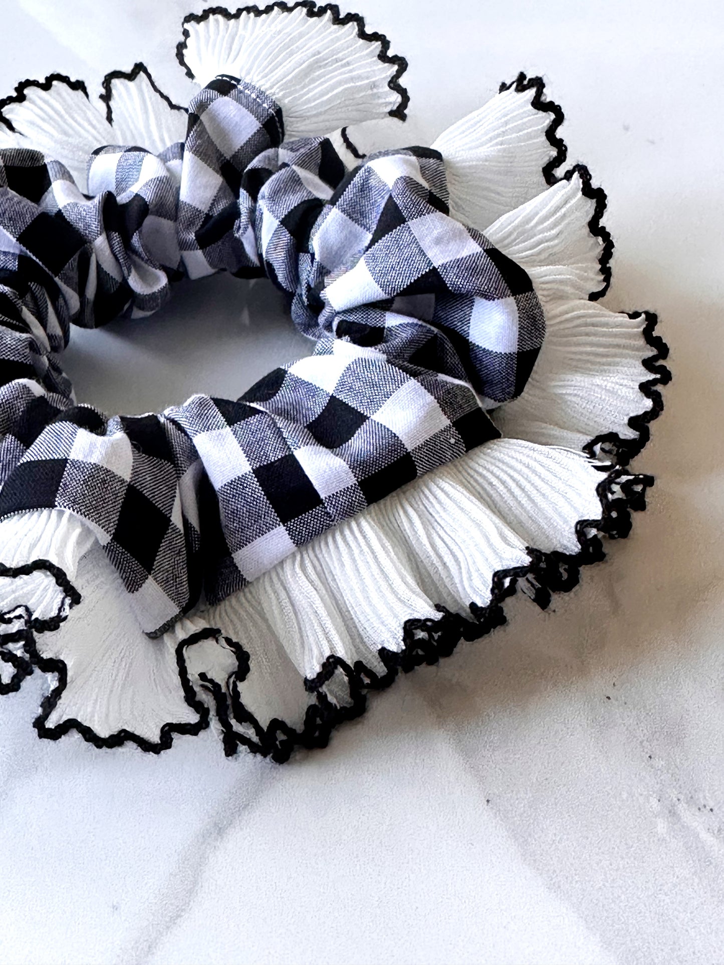 Black Gingham Scrunchie with White and Black Frill Trim