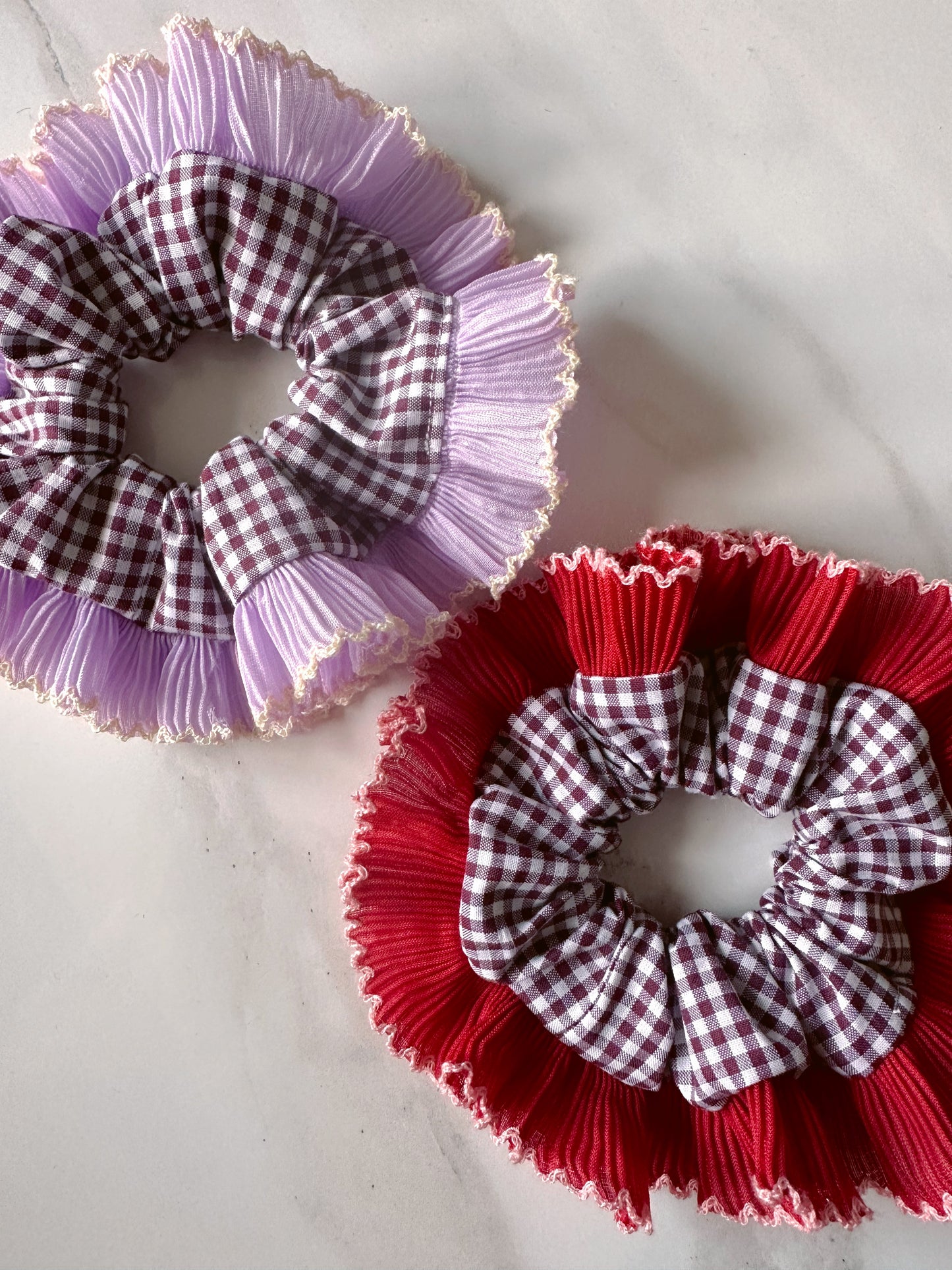 Mini Mulberry Gingham Scrunchie with Red Frill Trim