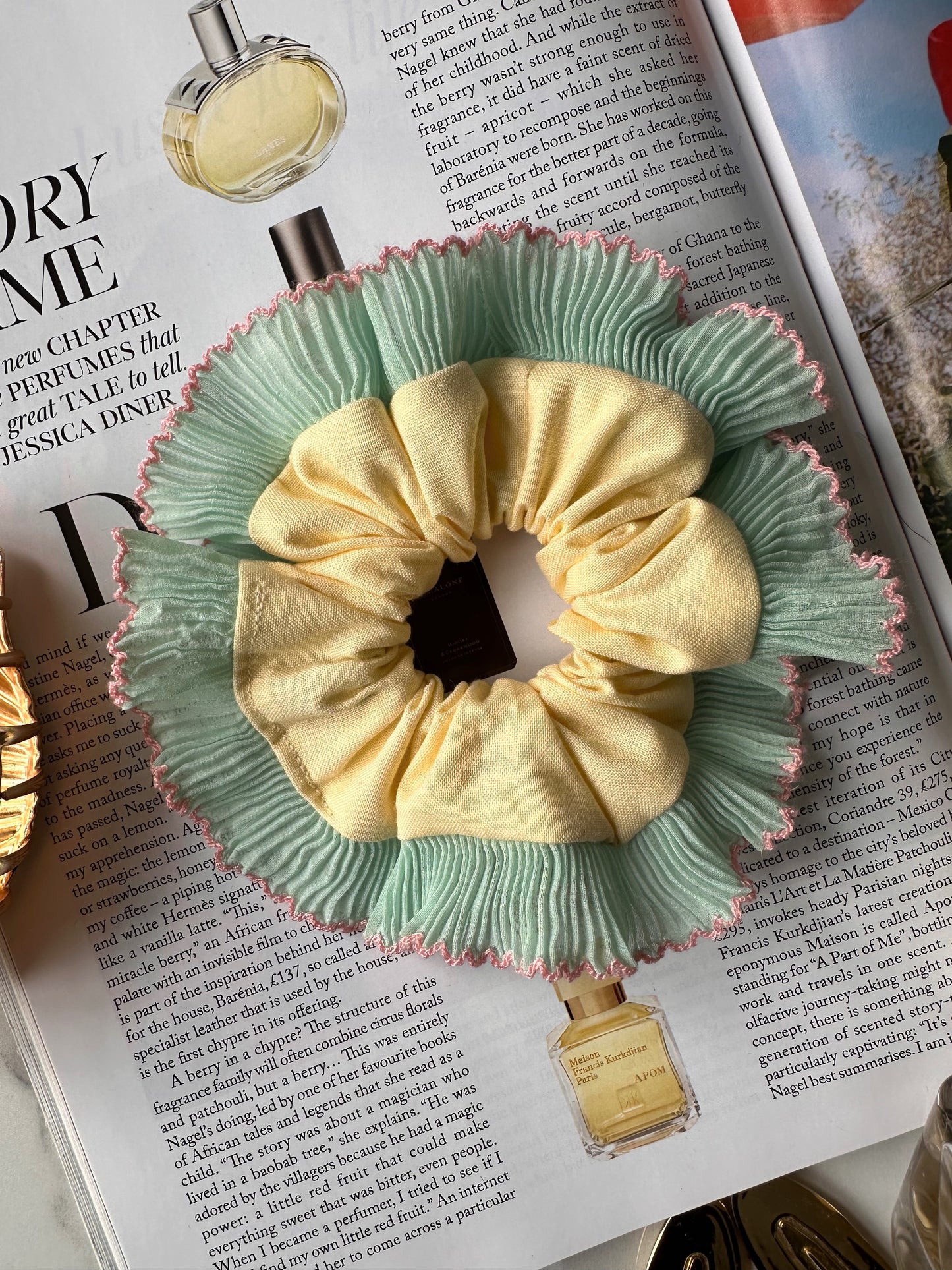 Mini Oversized Butter Yellow Scrunchie with Green Frill Trim