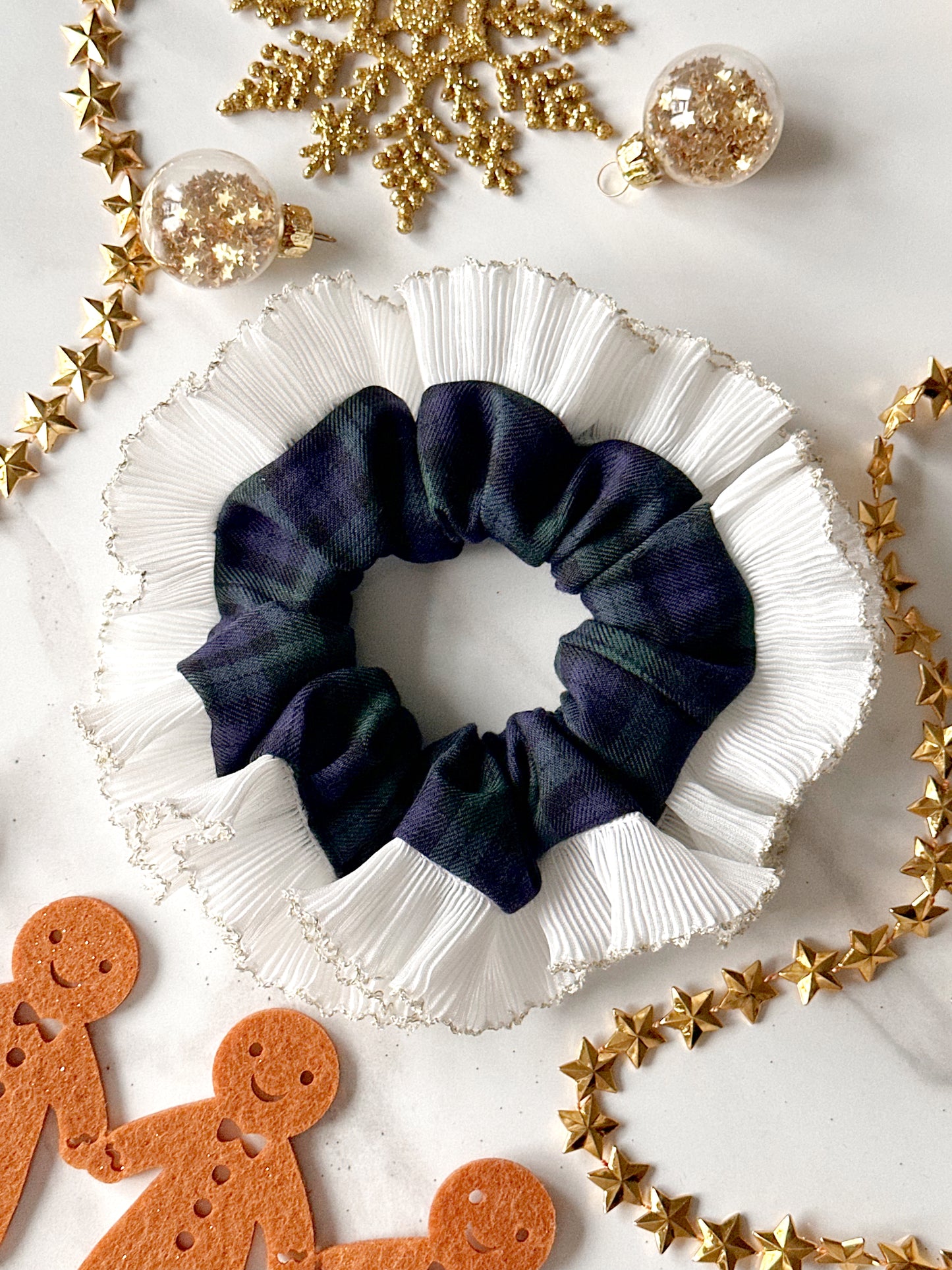 Blue and Green Tartan Scrunchie with White and Gold Frill Trim