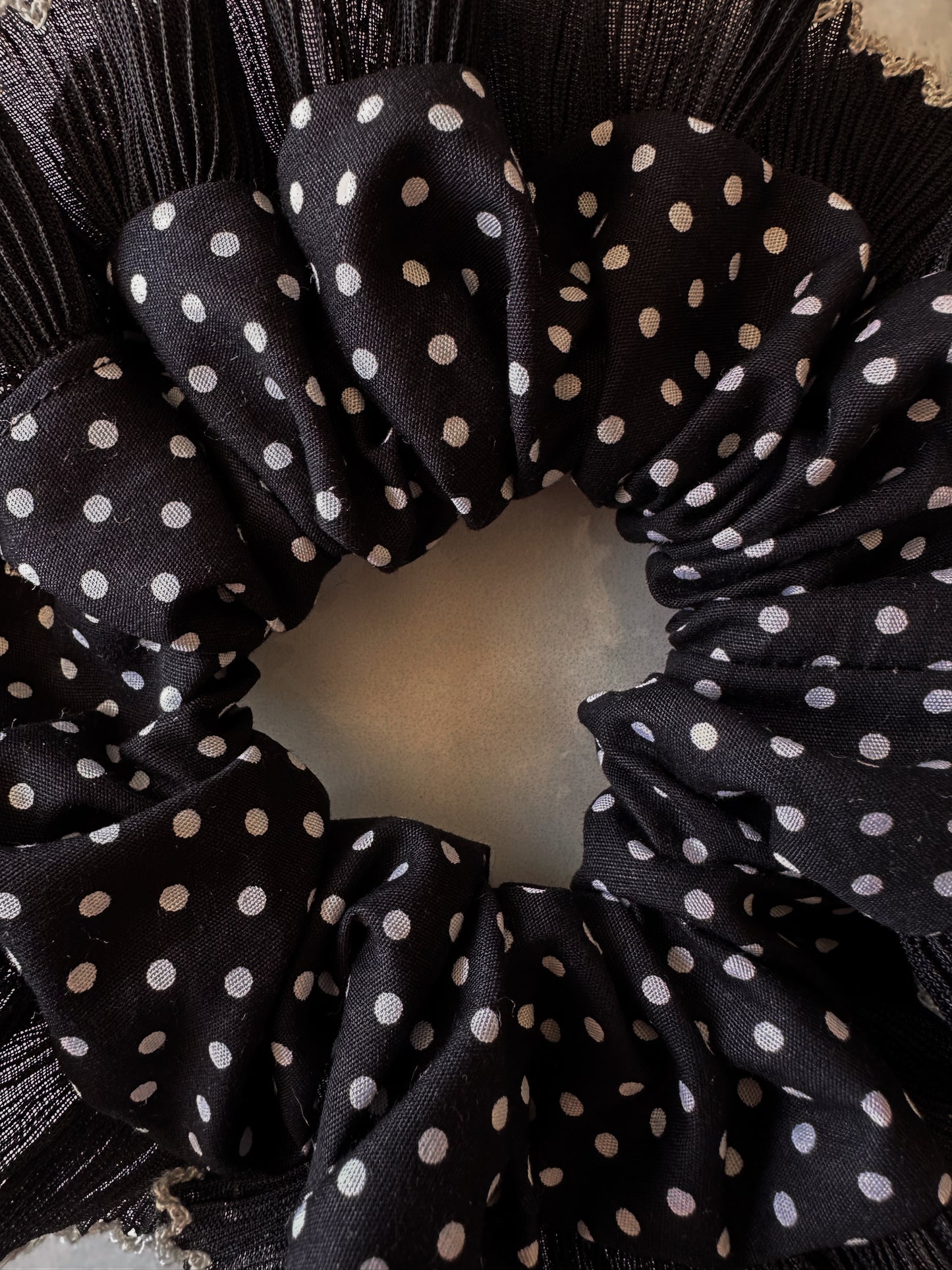 Oversized Black Polkadot Scrunchie with Black Frill Trim
