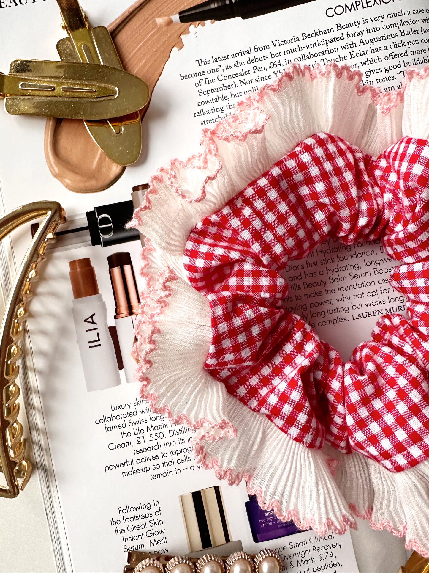 Handmade XL Red Gingham Scrunchie with White and Pink Frill Trim