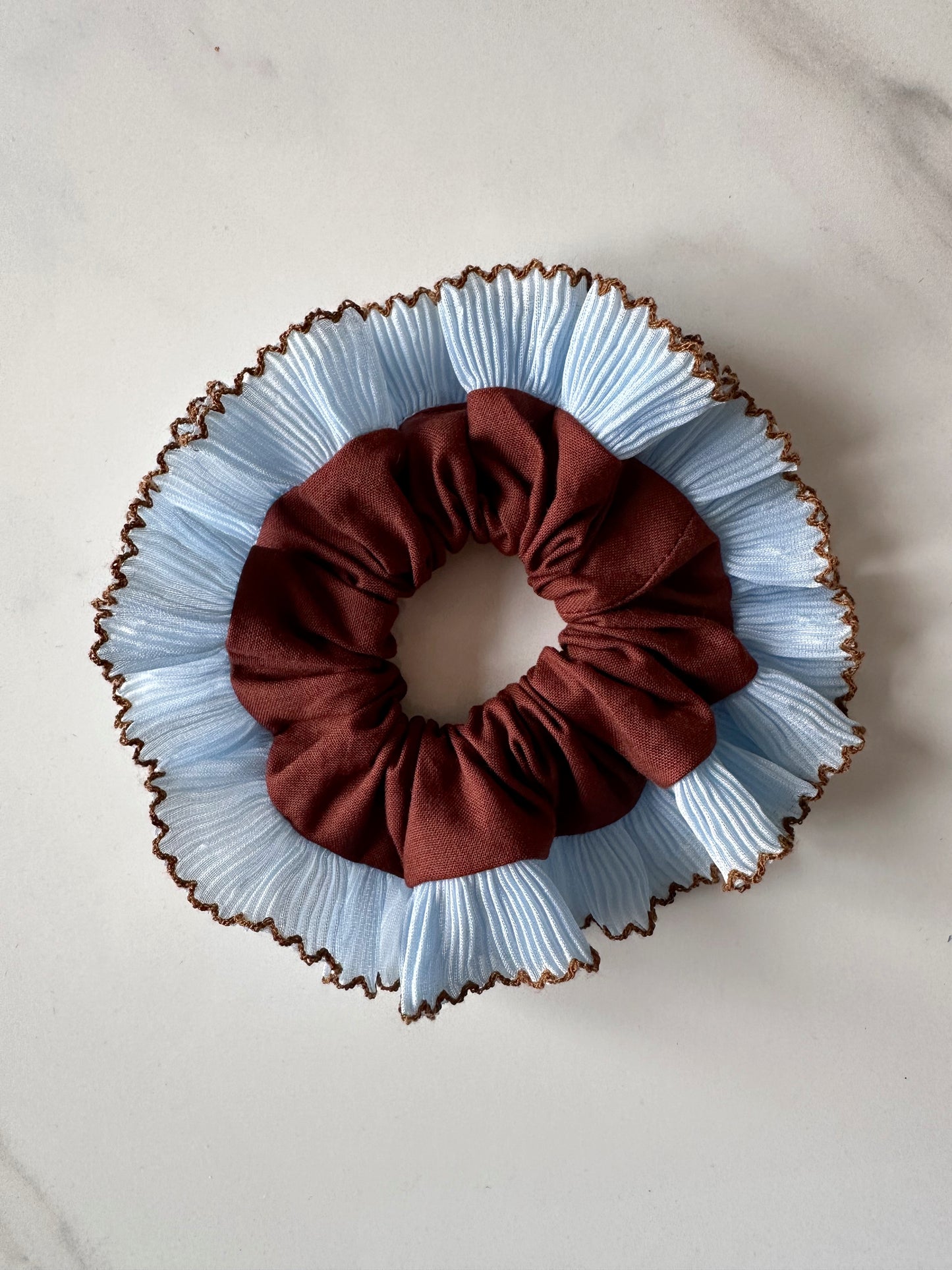 Mini Oversized Brown Scrunchie with Baby Blue Frill Trim