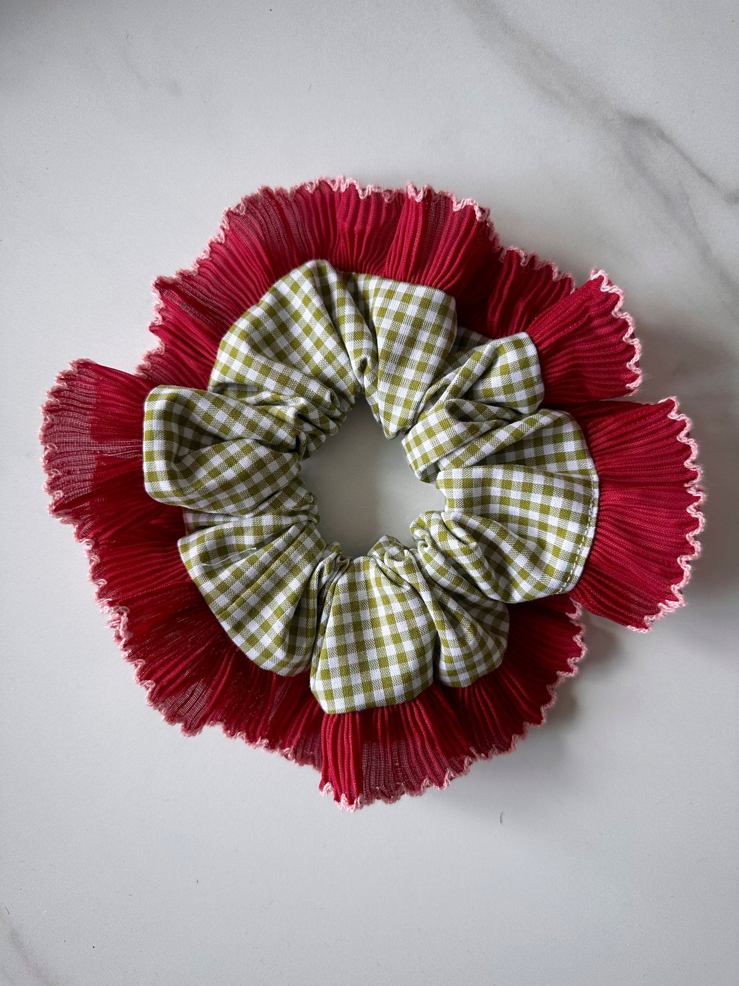 Olive Green Gingham Scrunchie with Red and White Frill Trim