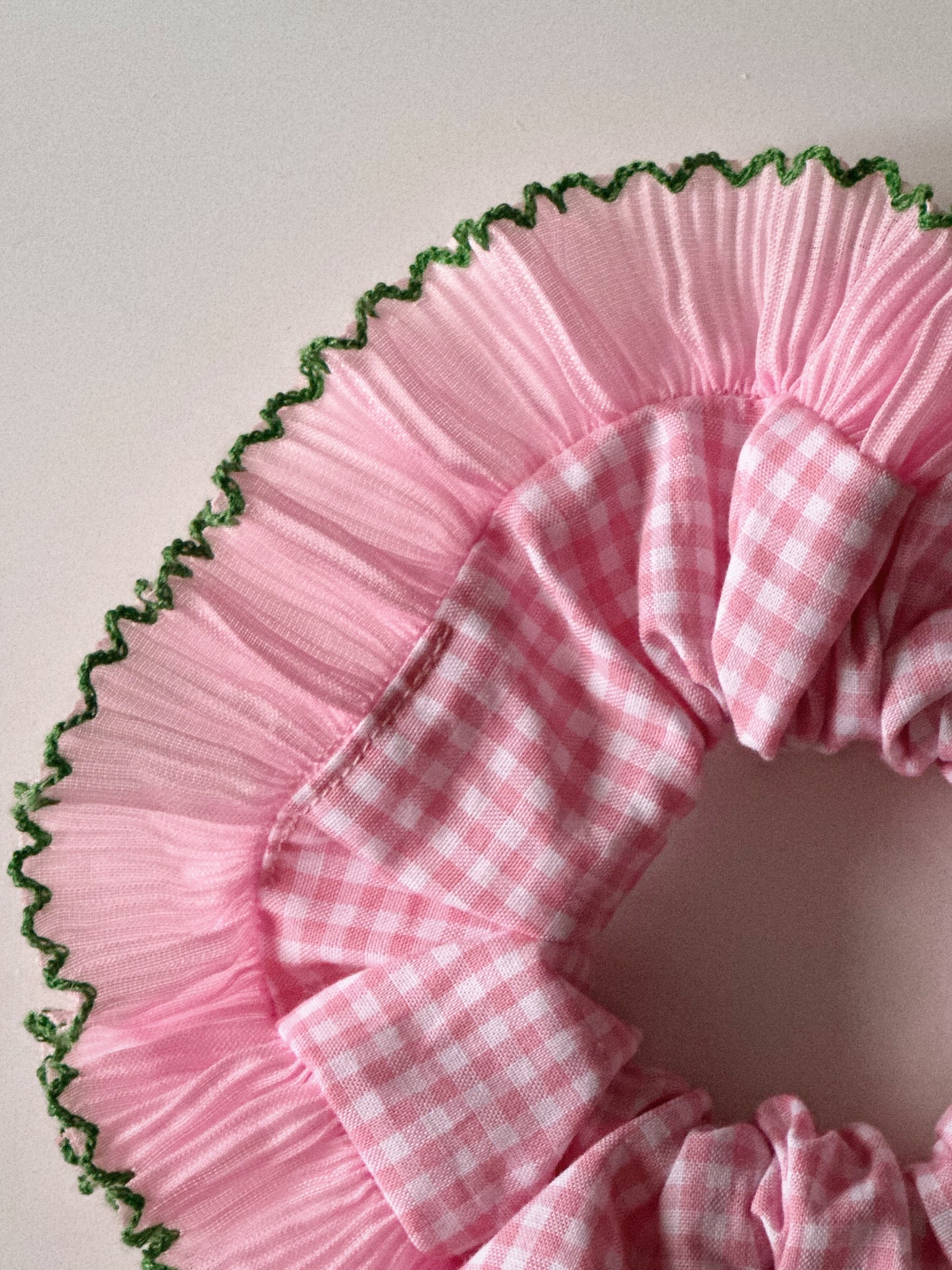 XL Pink Gingham Scrunchie with Pink and Green Frill Trim