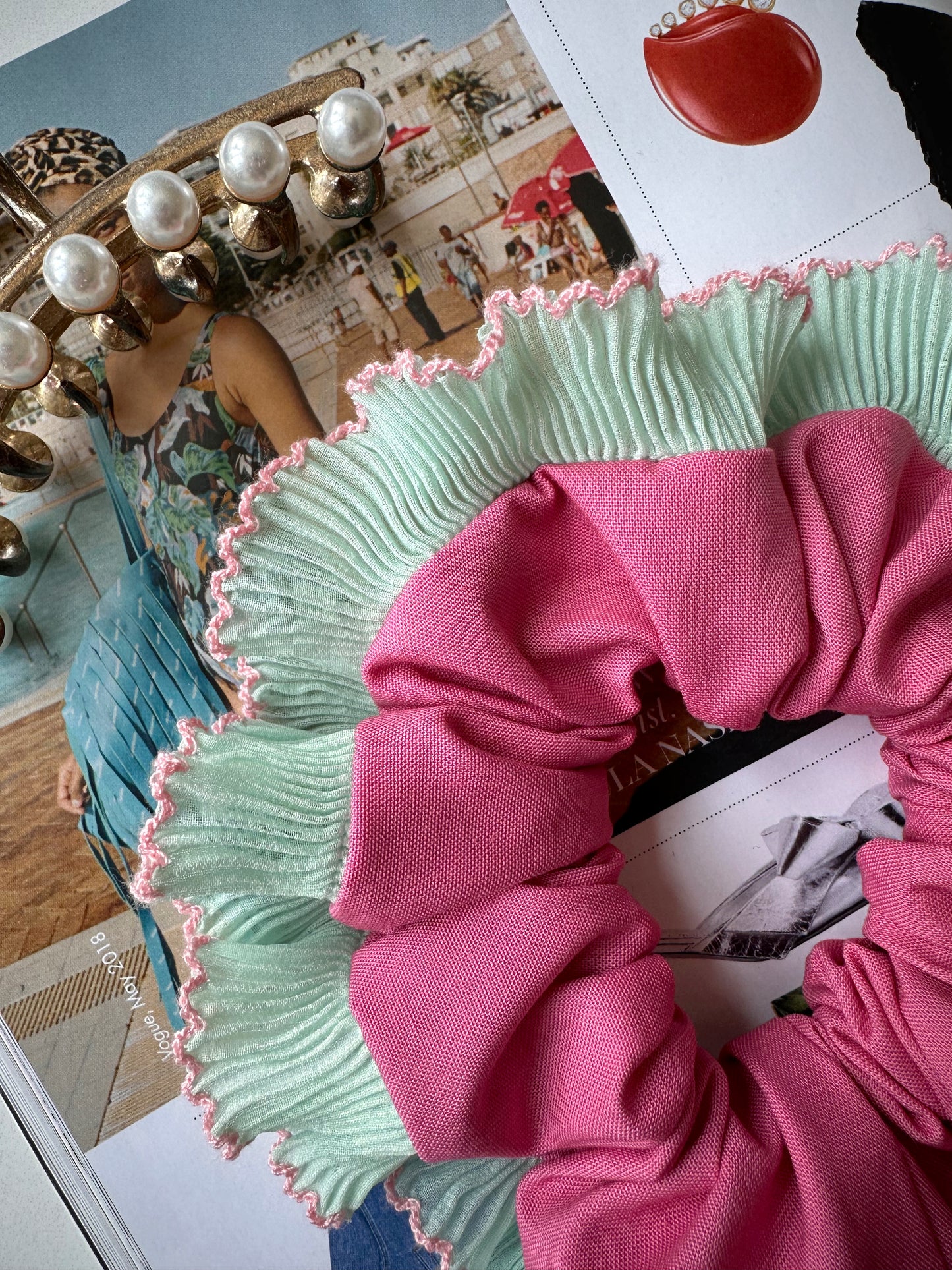 Pink Scrunchie with Green and Pink Frill Trim