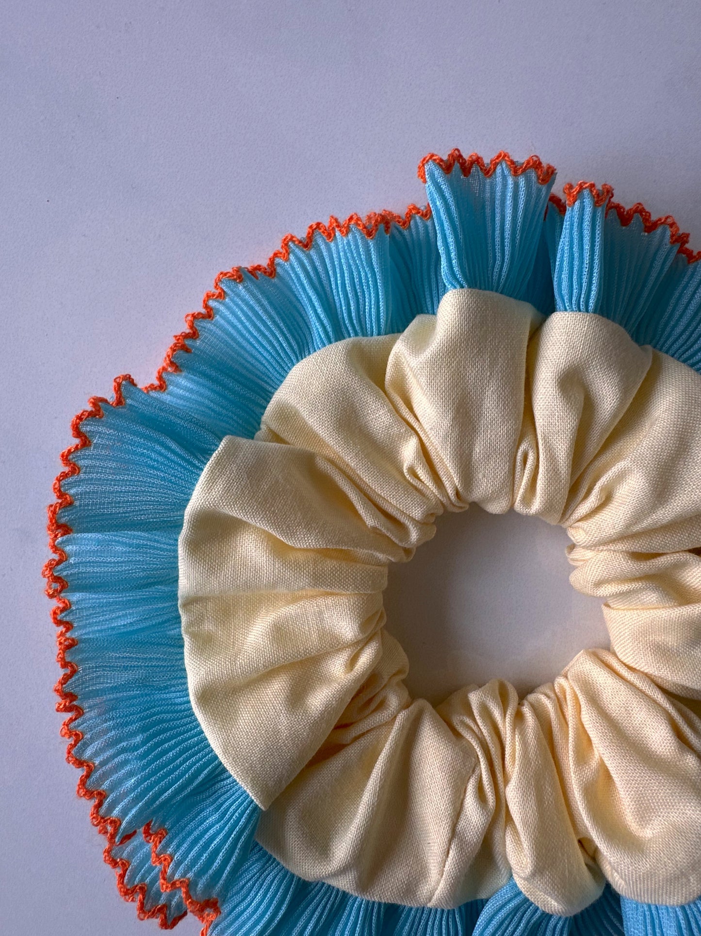 Oversized Butter Yellow Scrunchie with Blue Frill Trim