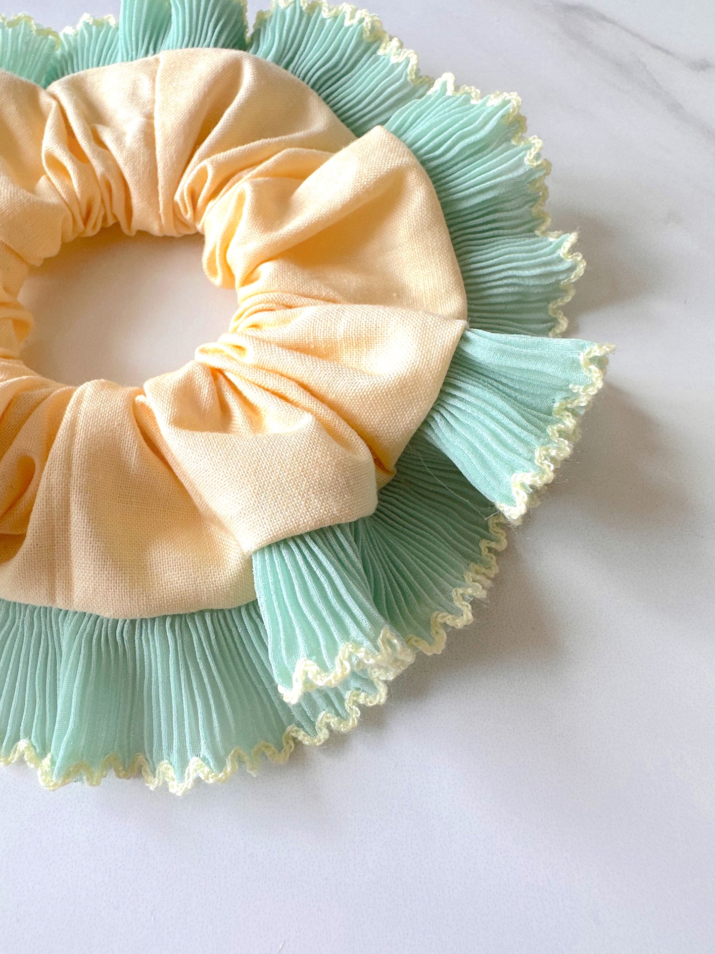 Oversized Butter Yellow Scrunchie with Mint Green Frill Trim