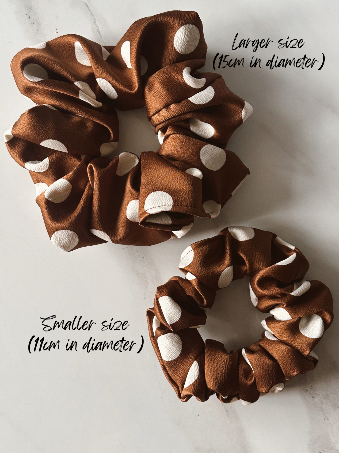 Brown and White Polkadot Satin Scrunchie