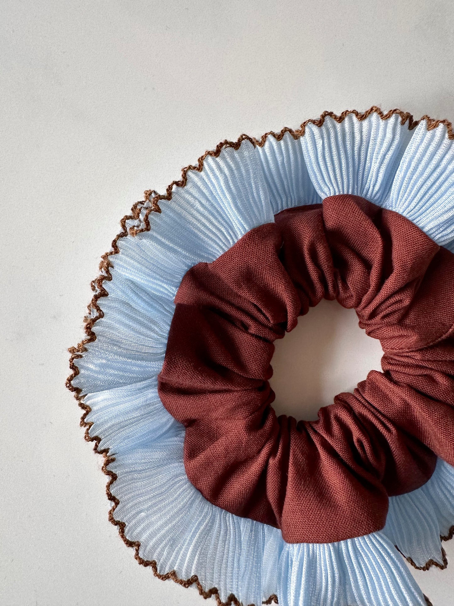 Mini Oversized Brown Scrunchie with Baby Blue Frill Trim