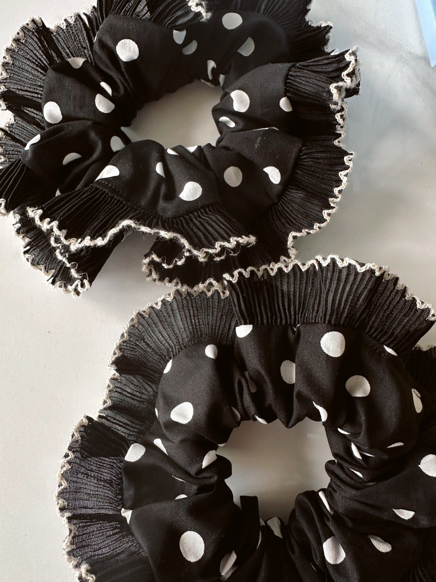 XL Black Polkadot Scrunchie with Black and White Frill Trim