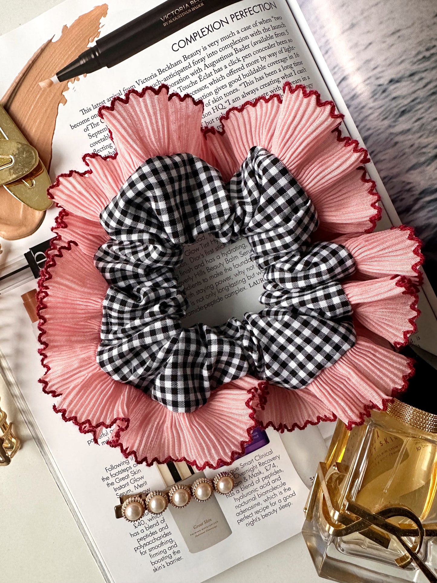Handmade XL Black Gingham Scrunchie with Pink and Red Frill Trim