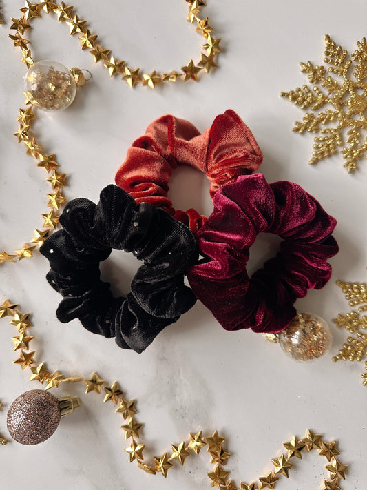 Set of 3 Velvet Scrunchies - Rust Orange, Burgundy and Black