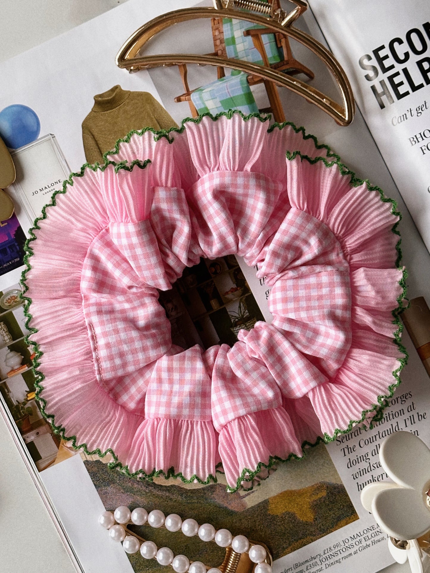 XL Pink Gingham Scrunchie with Pink and Green Frill Trim