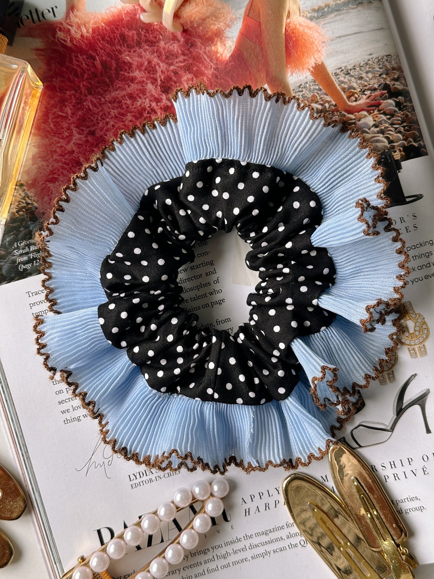 Oversized Black Polkadot Scrunchie with Baby Blue Frill Trim