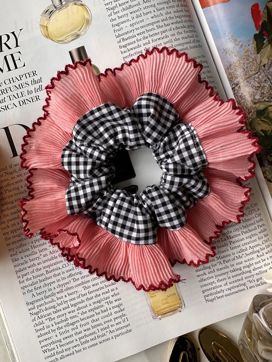 Mini Oversized Black Gingham Scrunchie with Pink Frill Trim