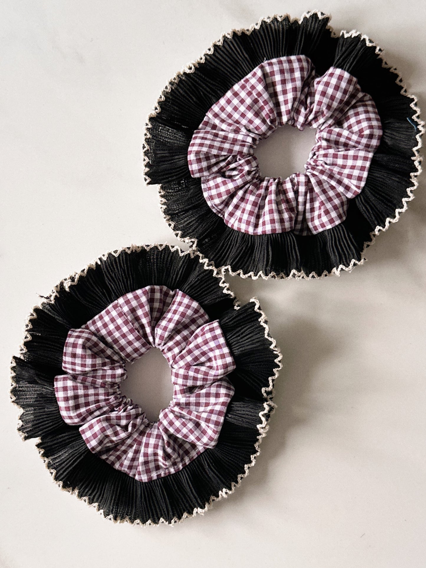 Smaller Mulberry Gingham Scrunchie with Black Frill Trim