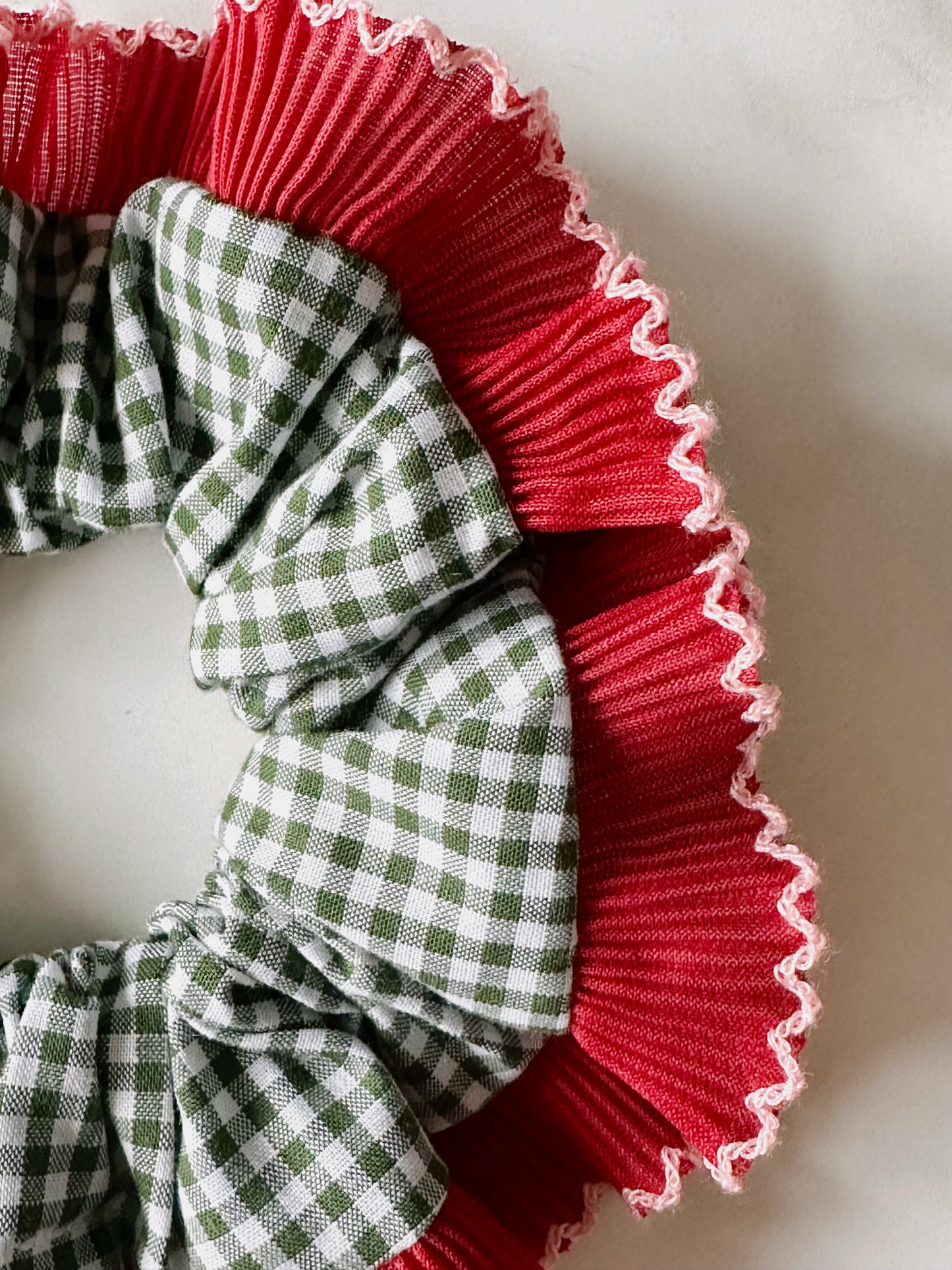 Handmade XL Dark Green Gingham Scrunchie with Red Frill Trim