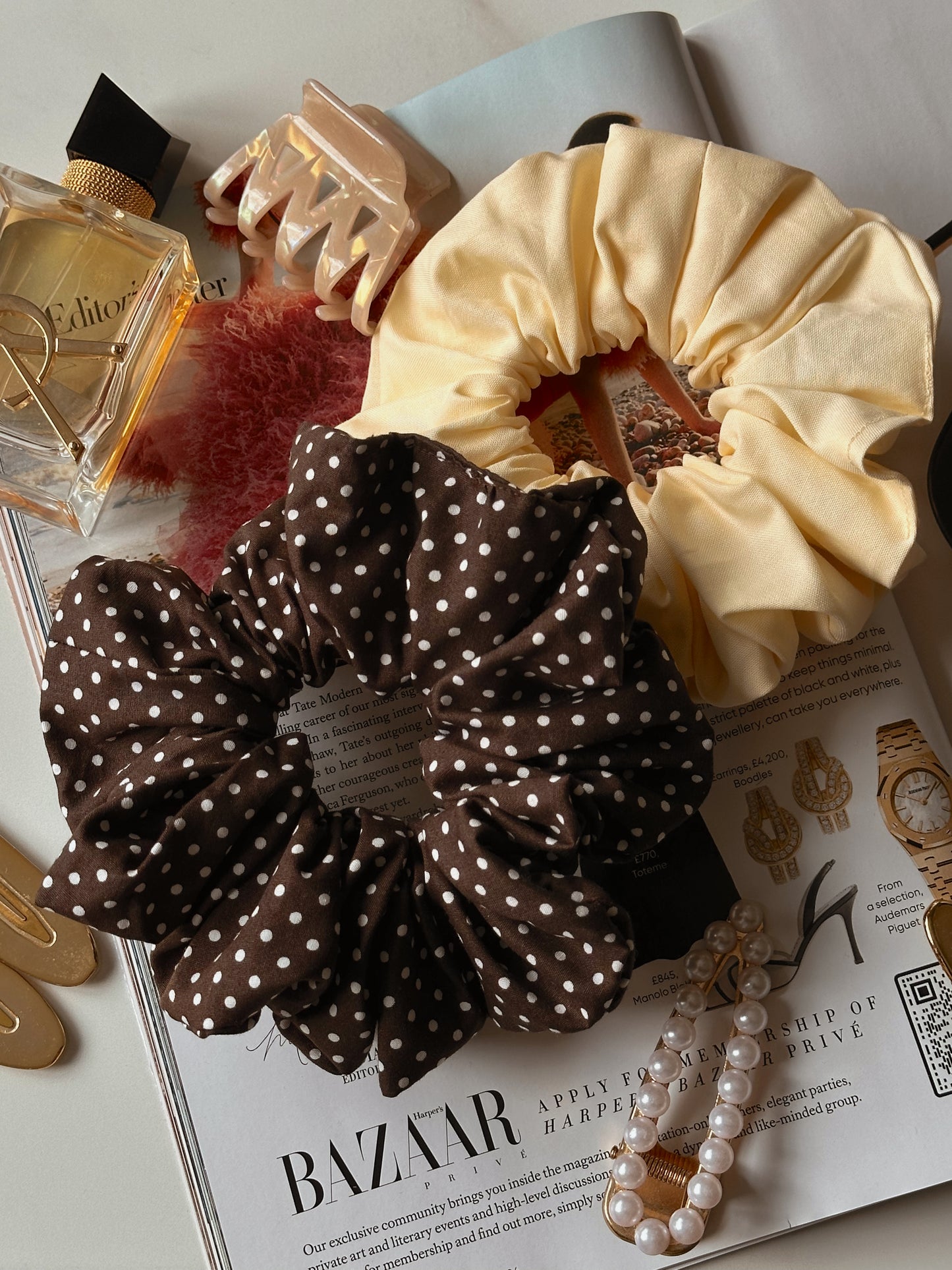 Brown Polkadot & Butter Yellow Scrunchie Duo