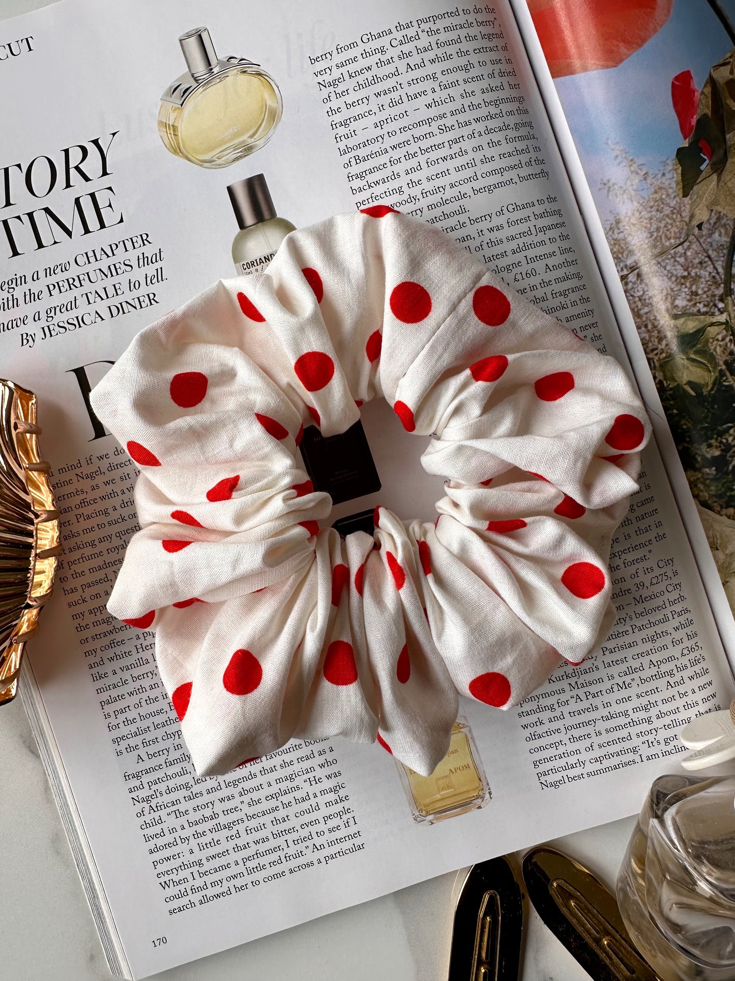 White and Red Polkadot Scrunchie