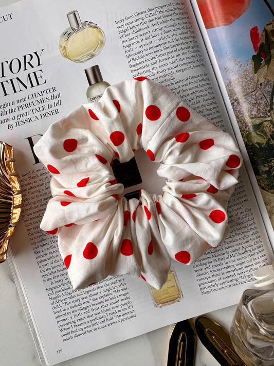 White and Red Polkadot Scrunchie