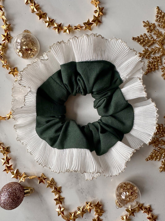 Forest Green Scrunchie with White and Gold Frill Trim