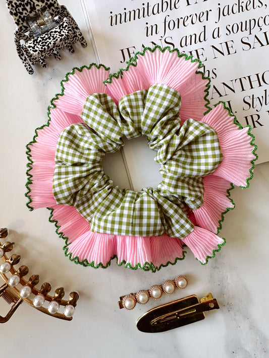 Handmade XL Olive Green Gingham Scrunchie with Pink and Green Frill Trim