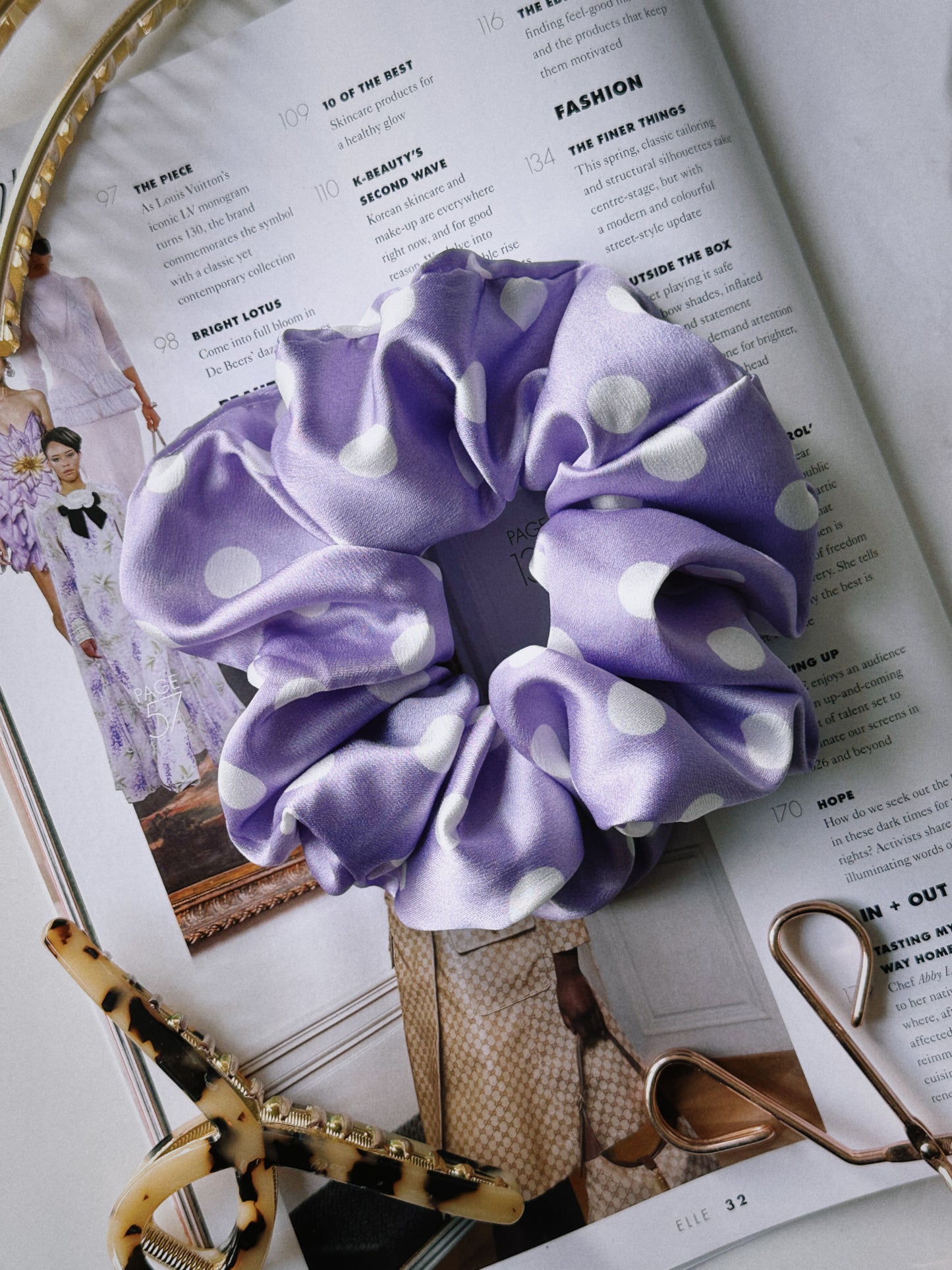 Purple and White Polkadot Satin Scrunchie