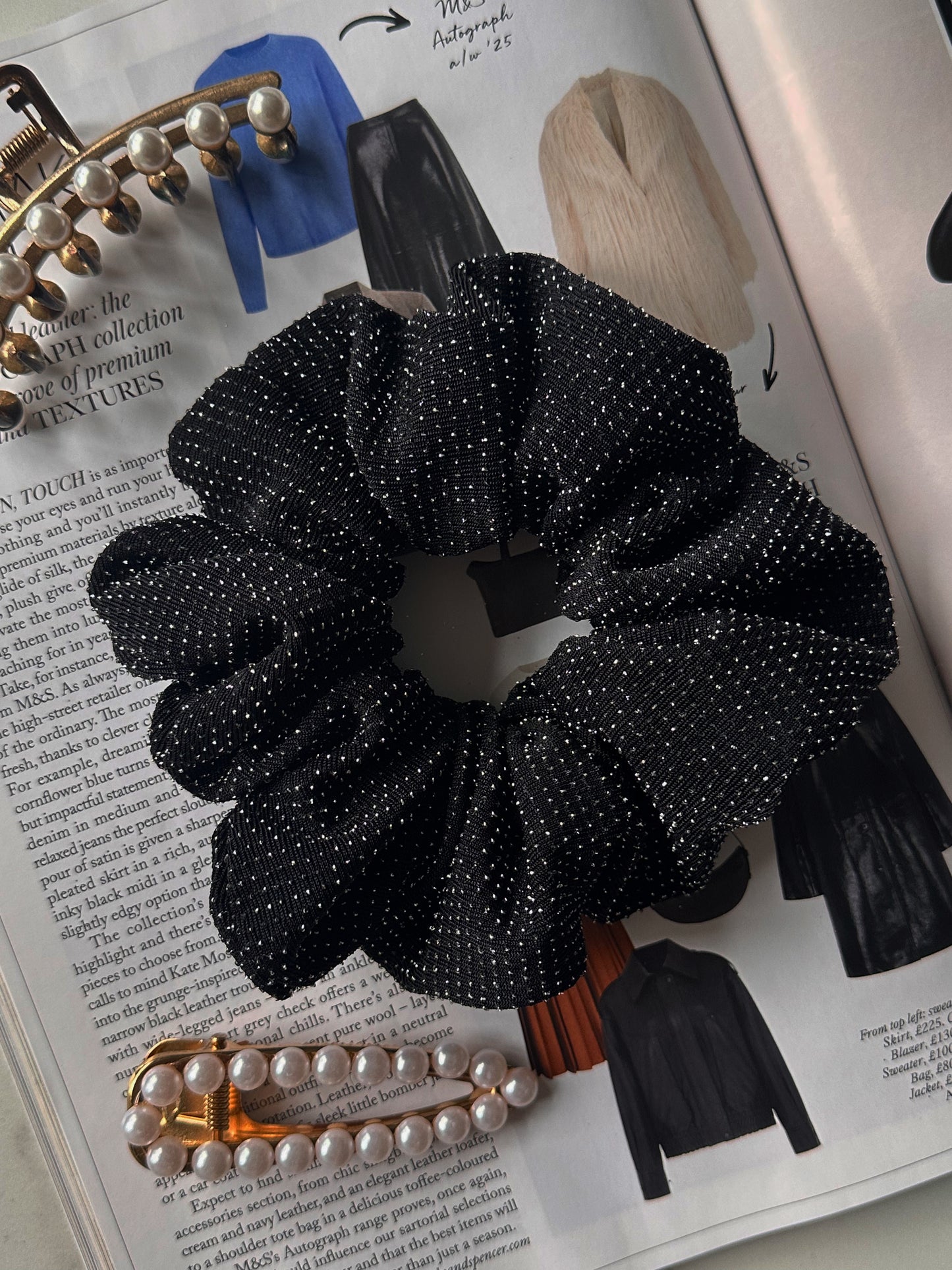 Oversized Black and Silver Scrunchie