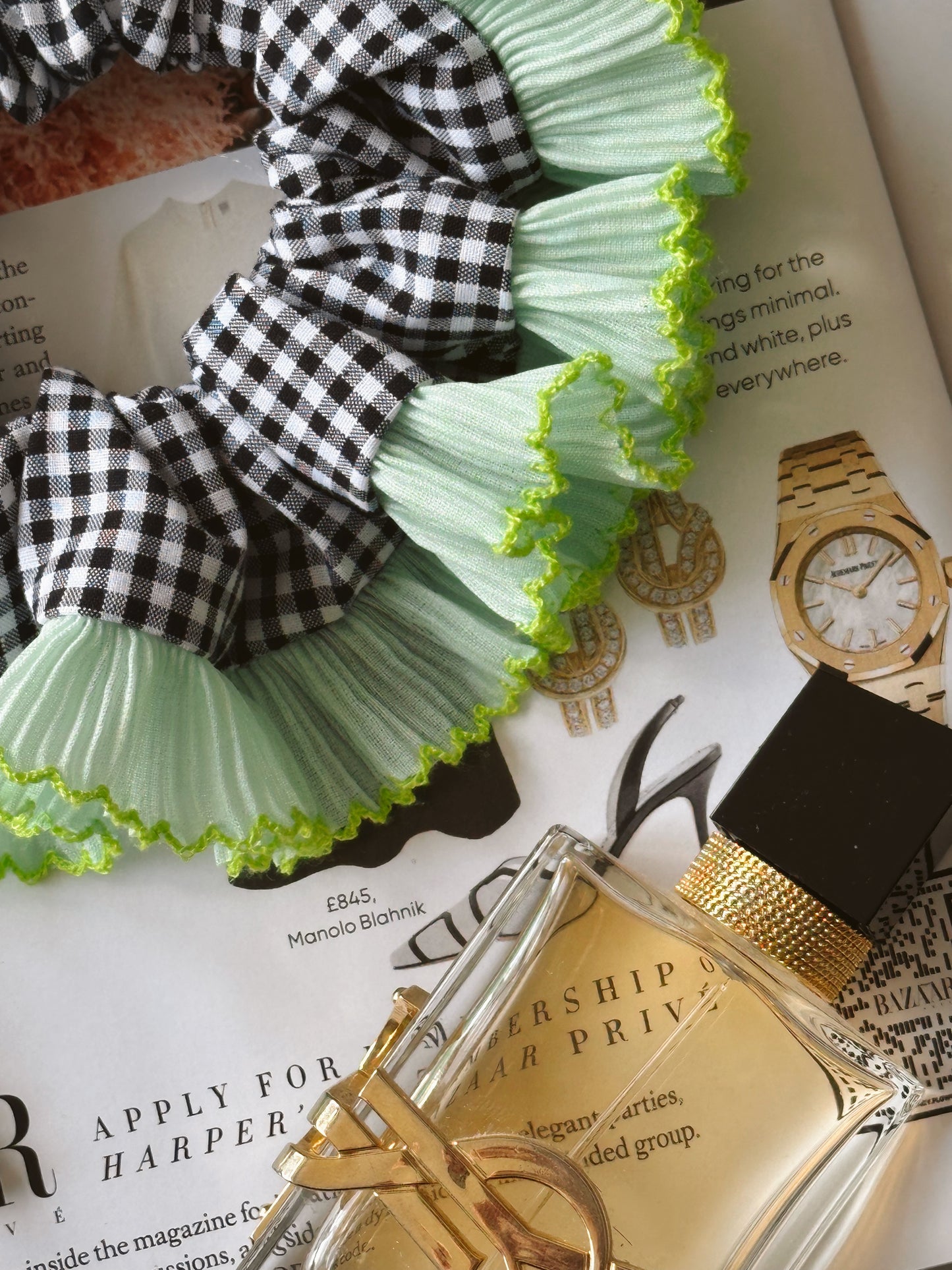 Black Gingham Scrunchie with Mint Green Frill Trim