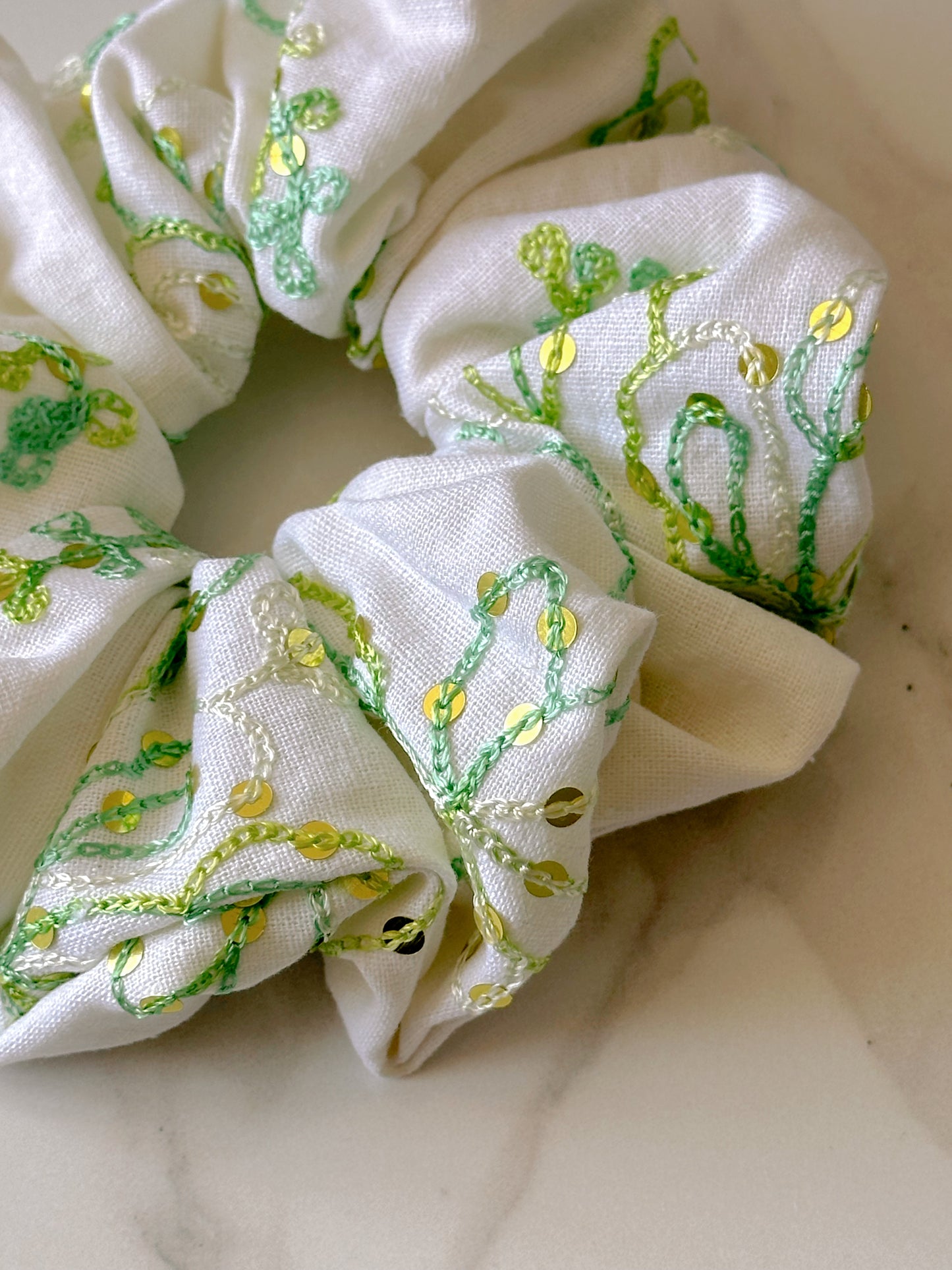White Linen Scrunchie with Green Sequinned Embroidery