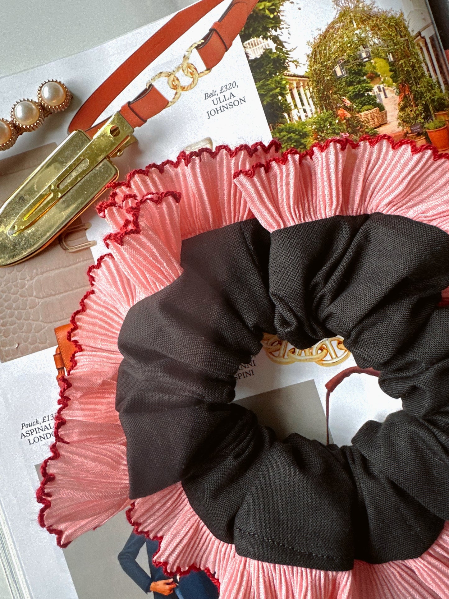 Handmade XL Black Cotton Scrunchie with Pink Frill Trim