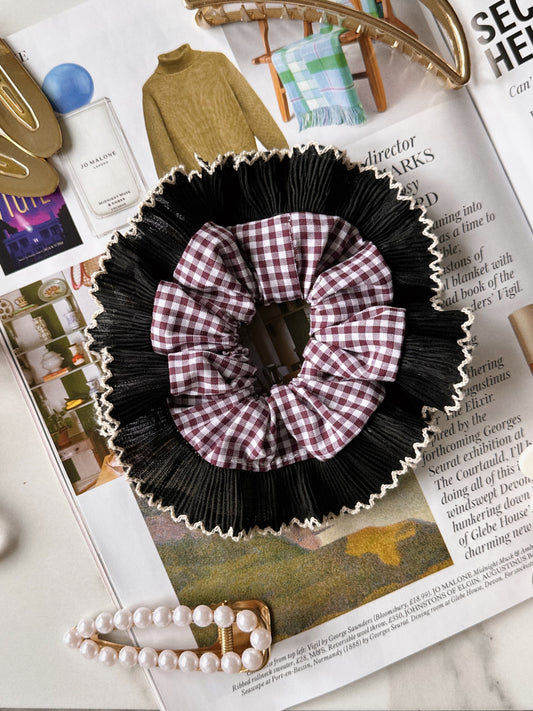 Smaller Mulberry Gingham Scrunchie with Black Frill Trim