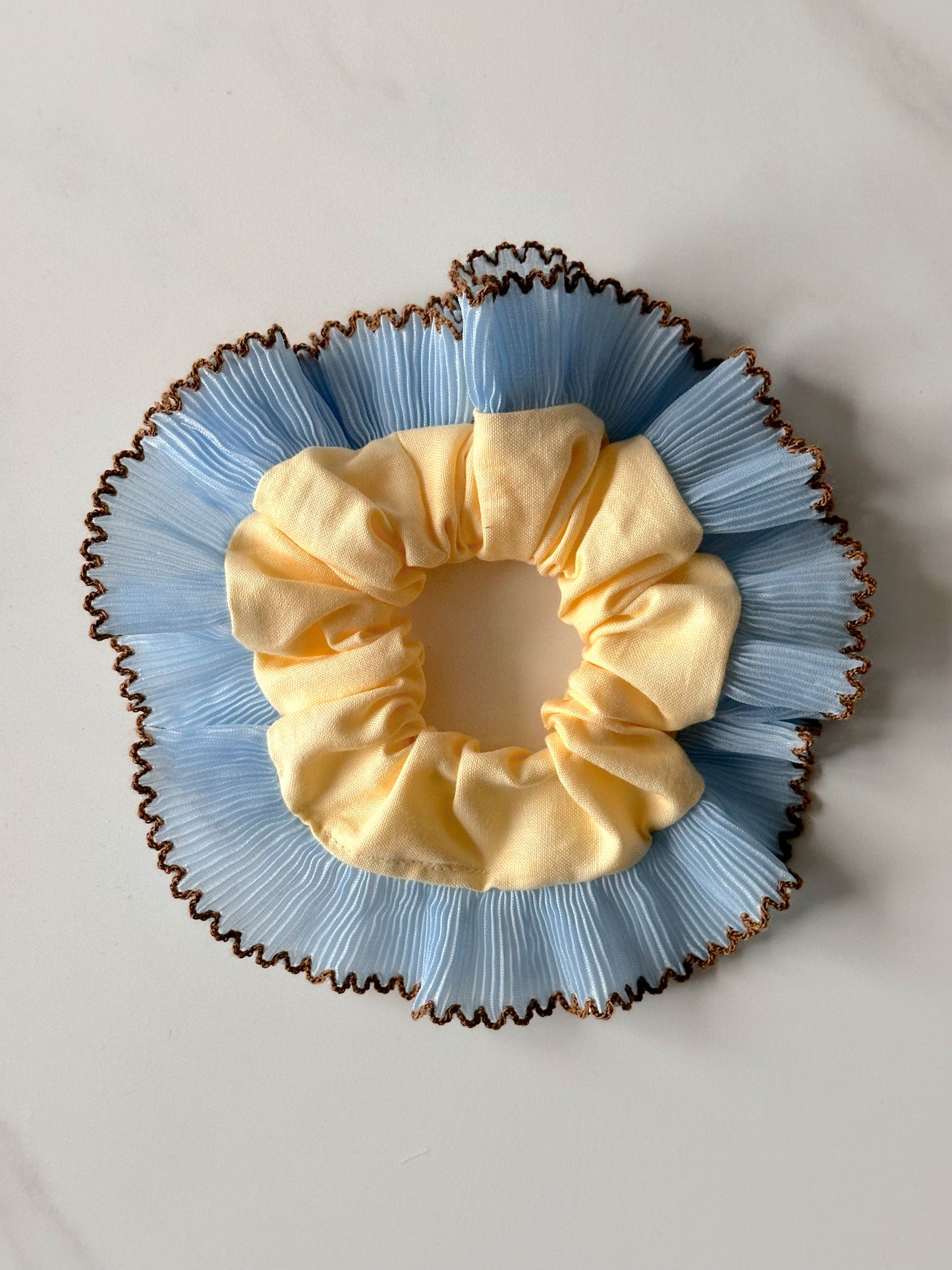 Handmade XL Butter Yellow Scrunchie with Blue and Brown Frill Trim