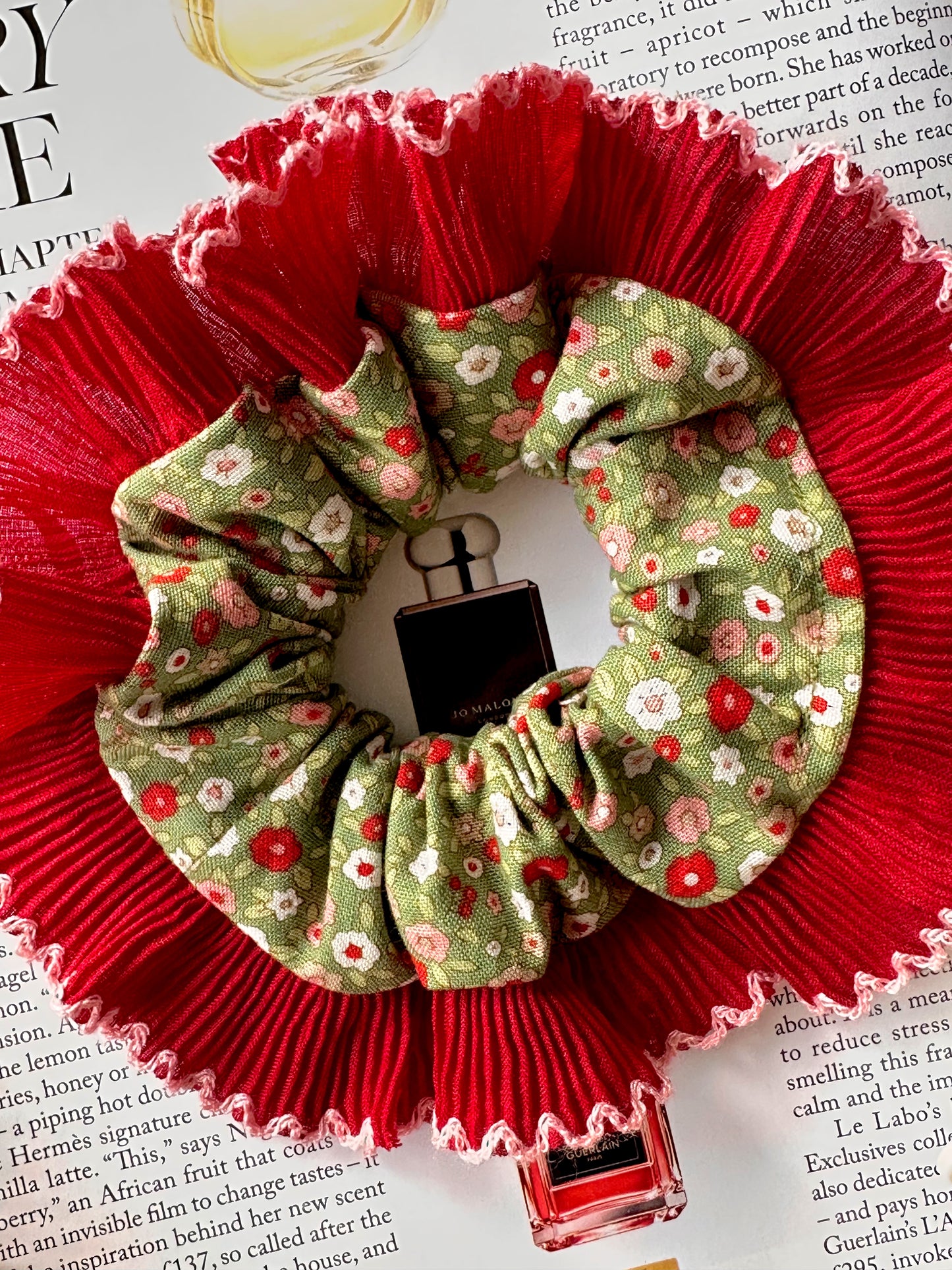 Smaller Oversized Dark Green Ditsy Floral Scrunchie with Red Frill Trim