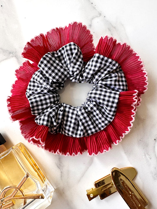 Handmade XL Black Gingham Scrunchie with Red and Pink Frill Trim