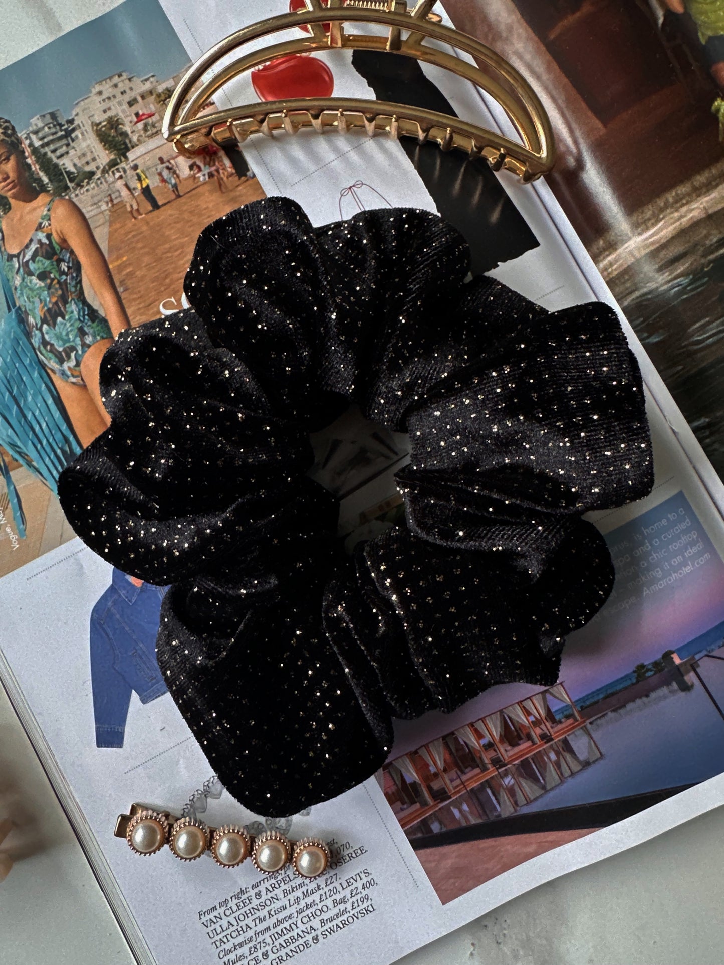 Oversized Black Velvet Gold Glitter Scrunchie