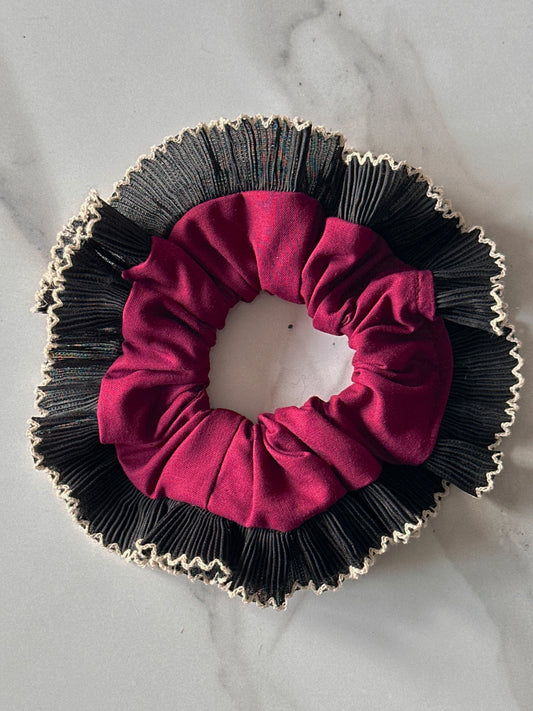 Handmade XL Dark Purple Scrunchie with Black Frill Trim