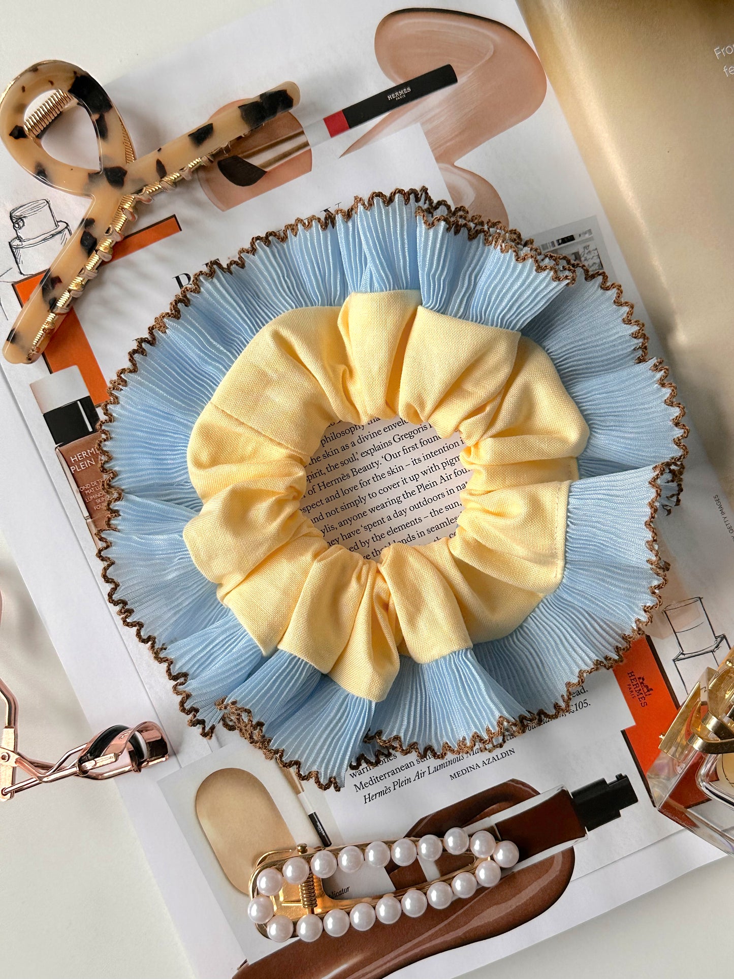 Handmade XL Butter Yellow Scrunchie with Blue and Brown Frill Trim