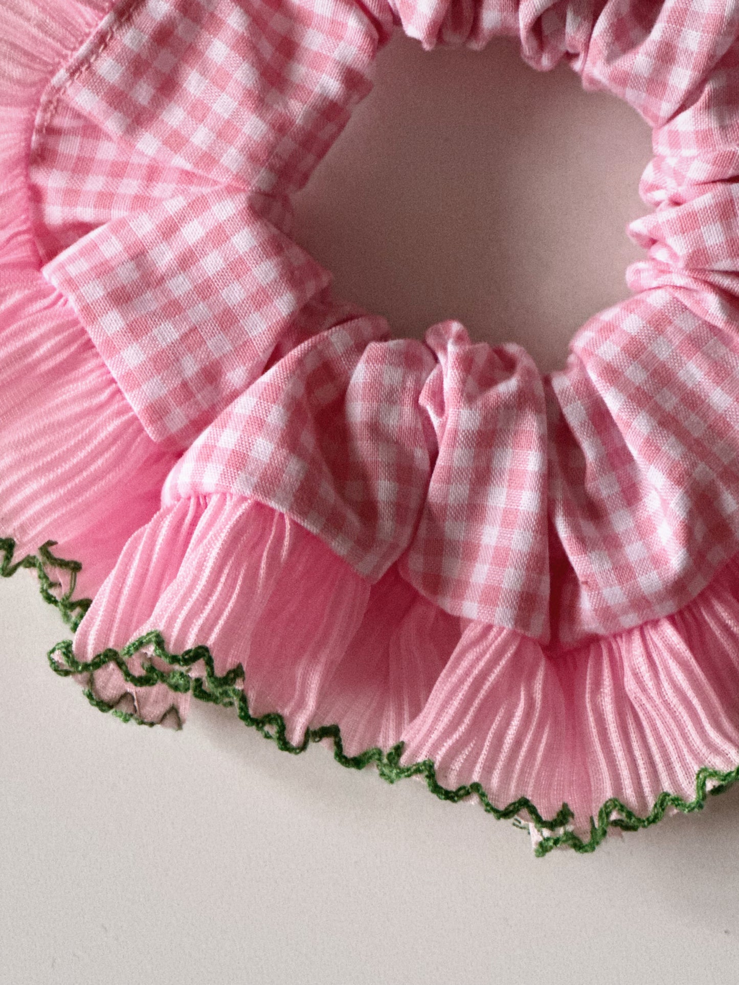 XL Pink Gingham Scrunchie with Pink and Green Frill Trim
