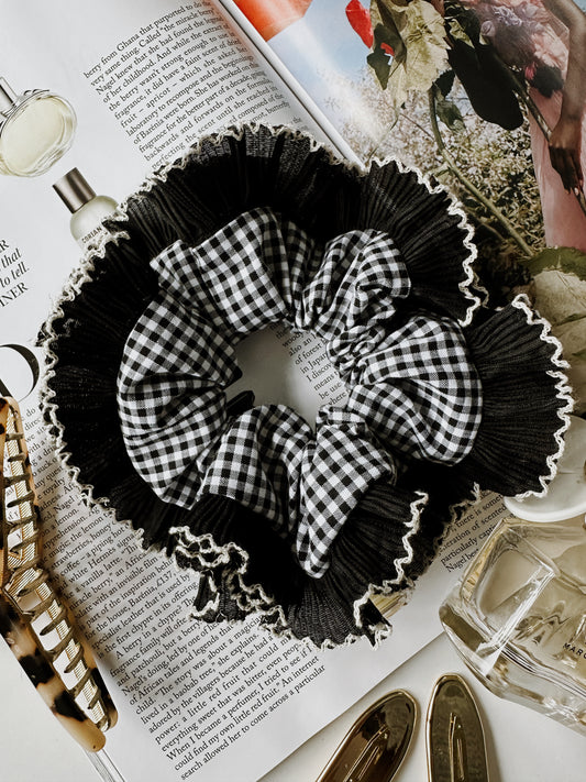 Black Gingham Scrunchie with Black and White Frill Trim