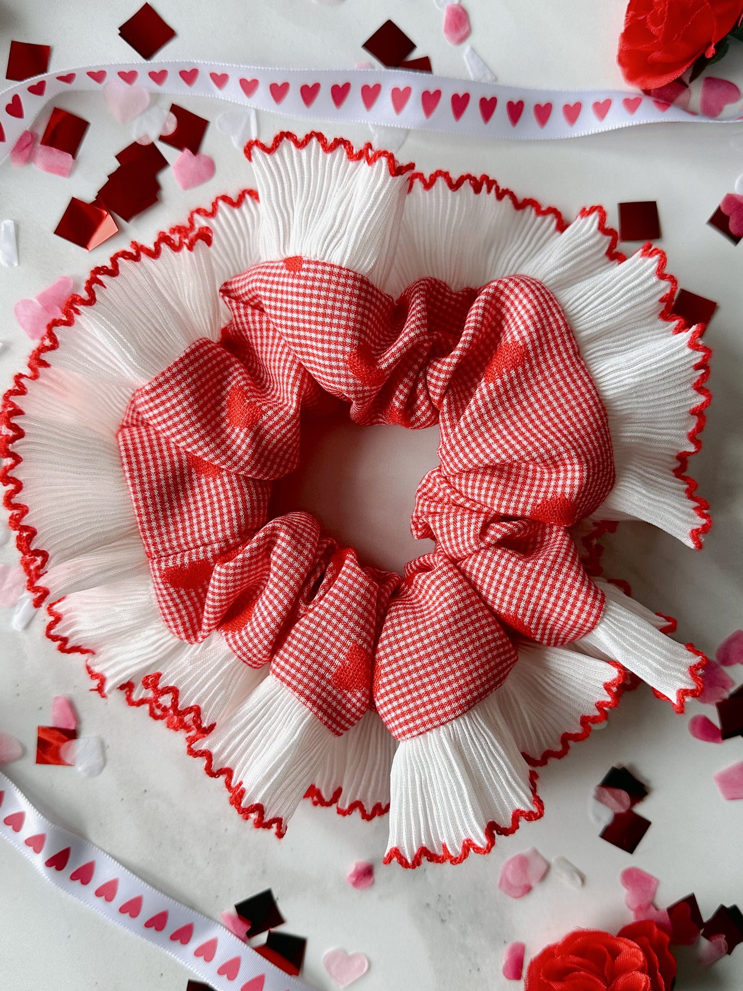 XL Valentines Gingham Scrunchie with White and Red Frill Trim